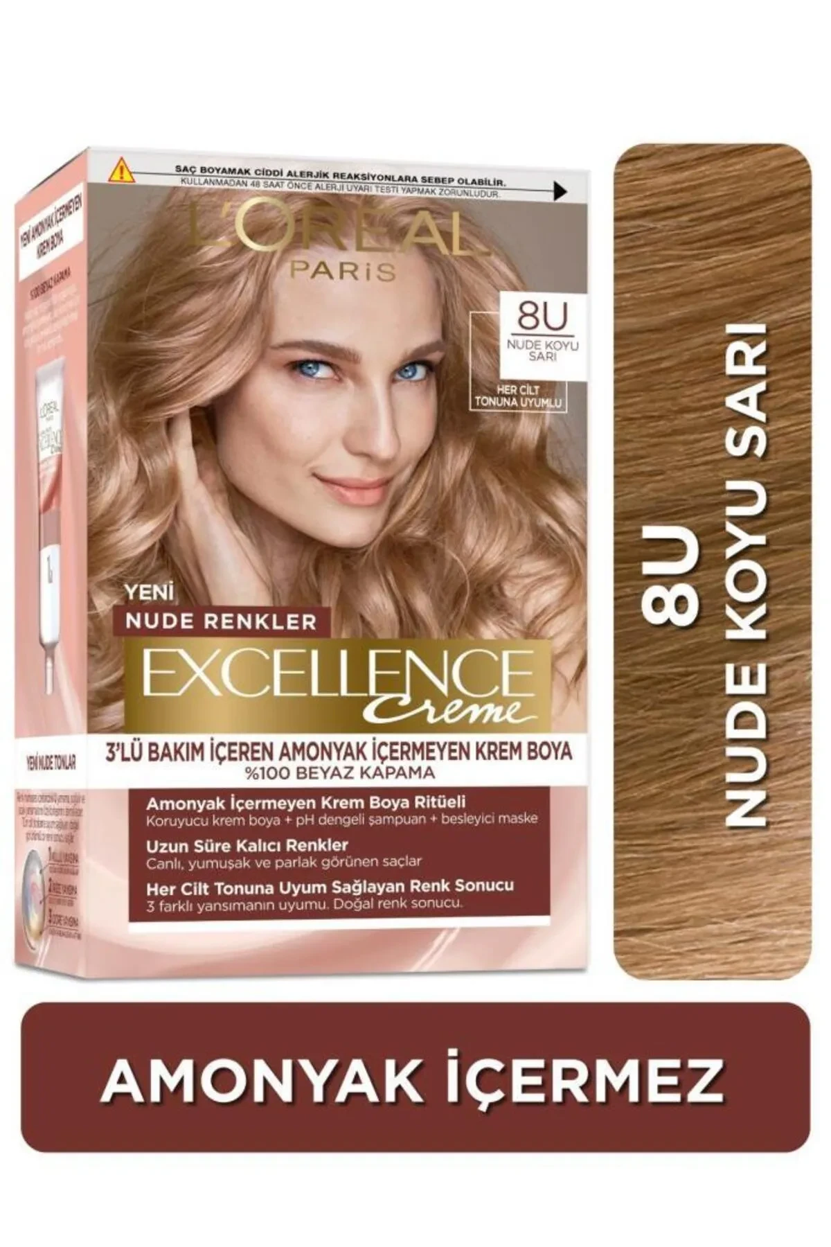 Koyu Sarı LOréal Paris Excellence Creme Nude Renkler Saç Boyası 8U