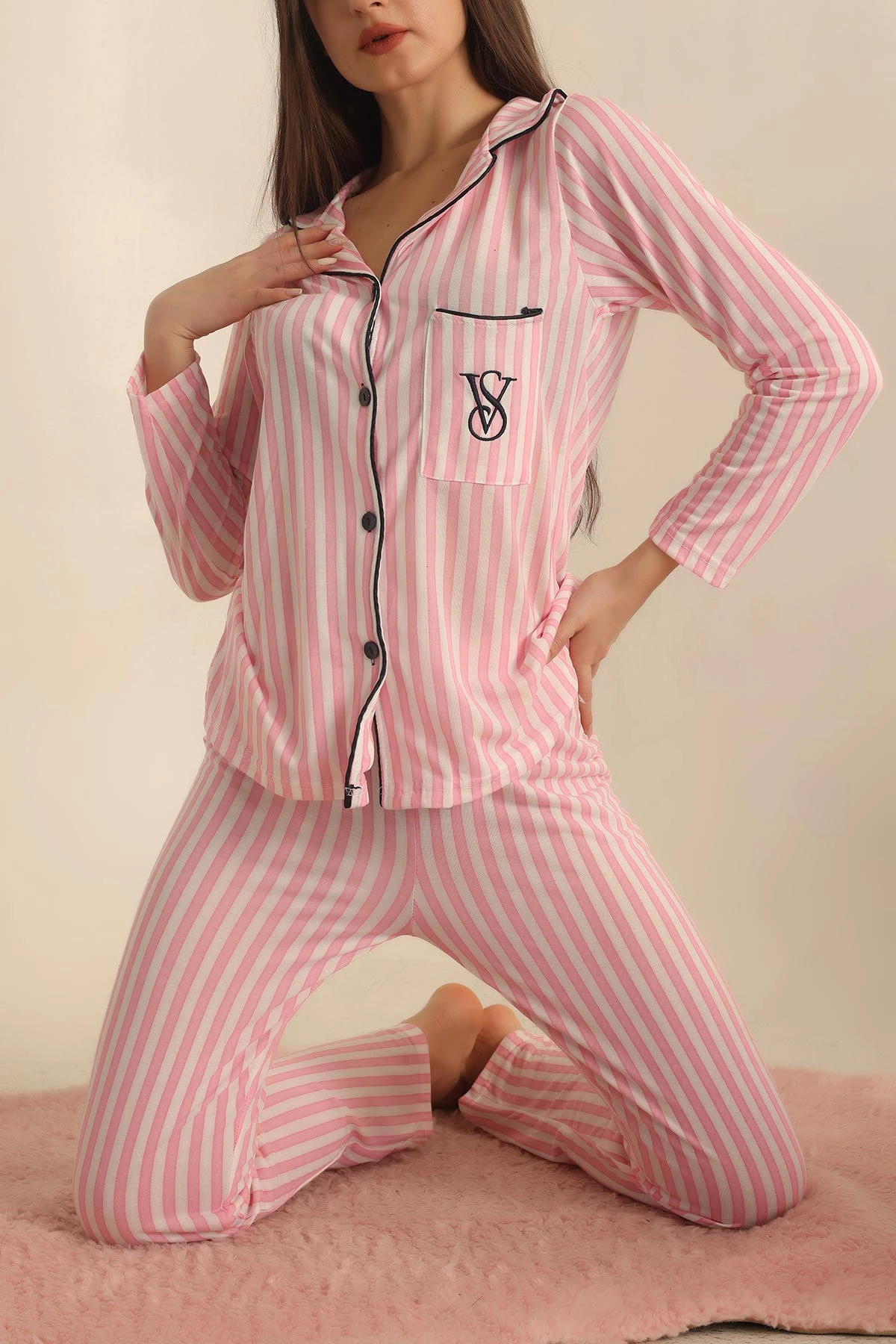 Pembe Düğmeli Bayan Pijama Takımı 230191 ModamızBir Modamizbir