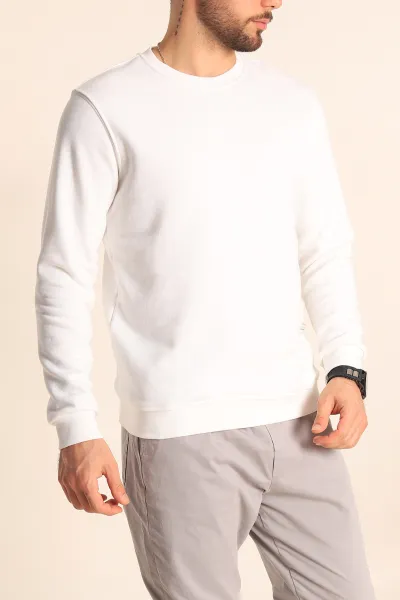 Beyaz Şardonsuz Bisiklet Yaka Basic Erkek Sweatshirt 227848