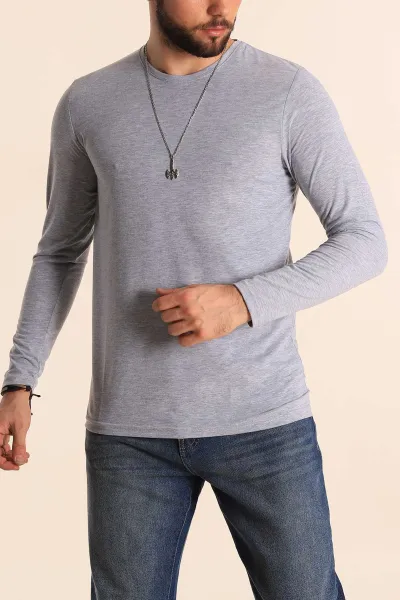 Gri Slim Fit Likral Basic Erkek Sweatshirt Modam Zbir