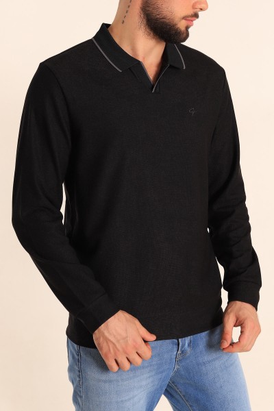 Siyah Jakarlı Polo Yaka Uzun Kollu Sweatshirt 214391 ModamızBir