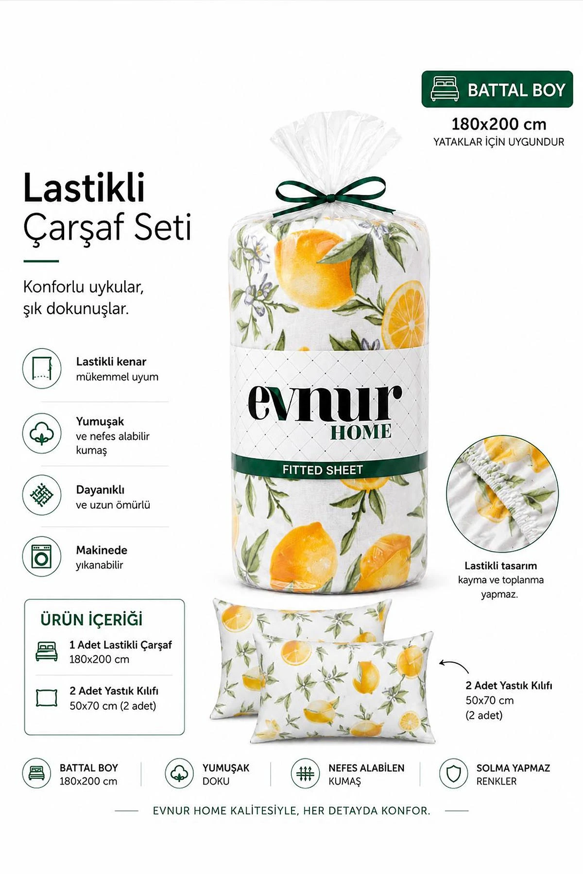 180x200 Cm Evnur Home Desenli Çift Kişilik Fitted (Lastikli) Çarşaf Takımı 473711