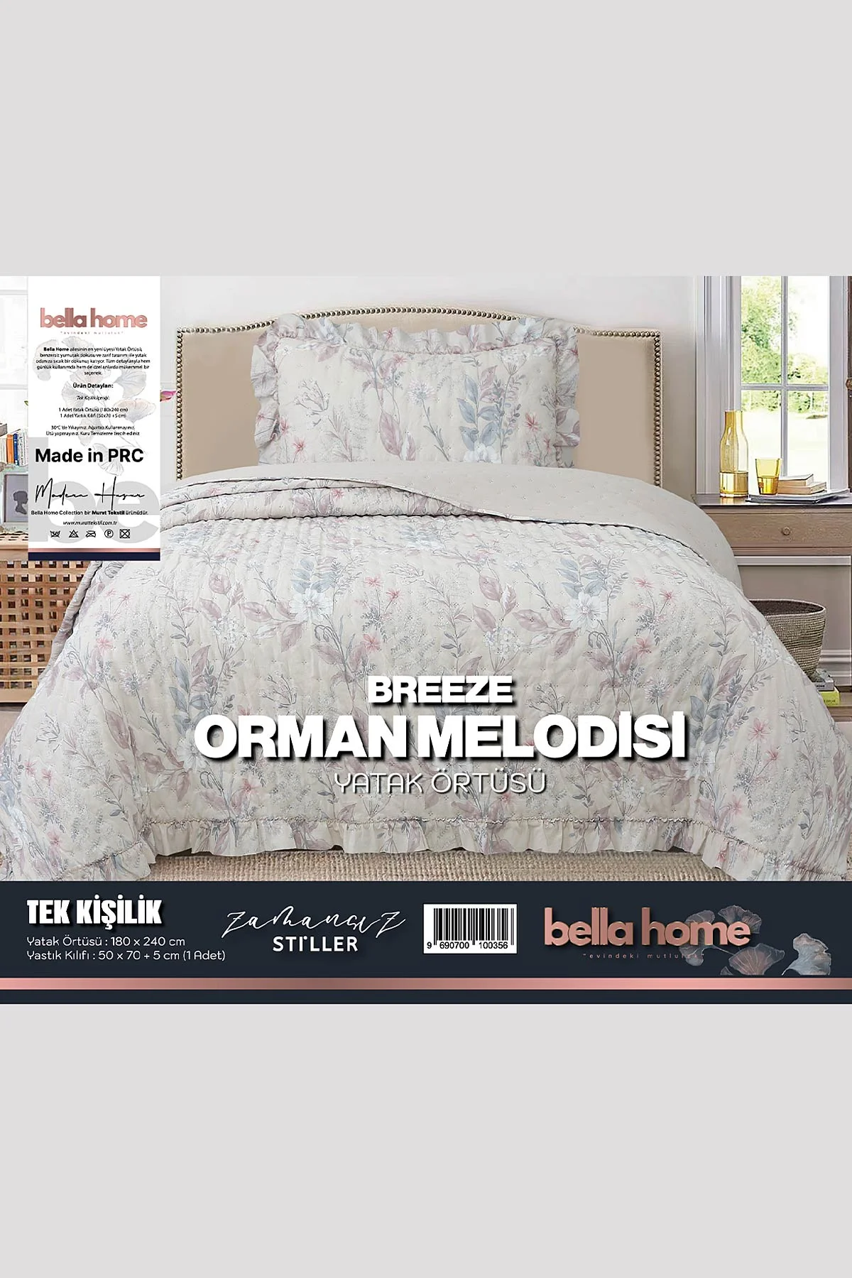 180x240 Cm Bella Home Tek Kişilik Breeze Desenli Yatak Örtüsü 395259