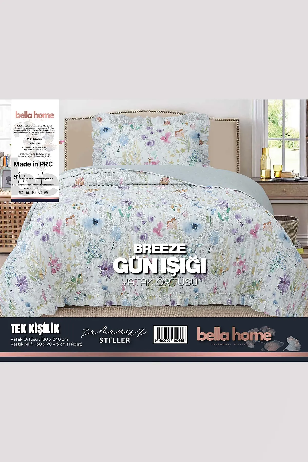 180x240 Cm Bella Home Tek Kişilik Breeze Desenli Yatak Örtüsü 395264