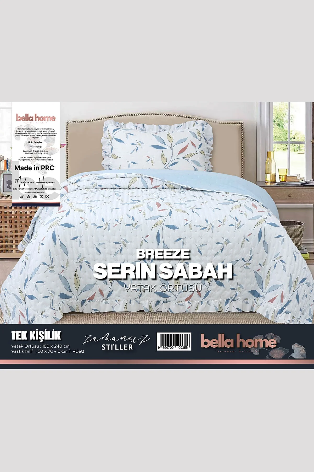 180x240 Cm Bella Home Tek Kişilik Breeze Desenli Yatak Örtüsü 395265