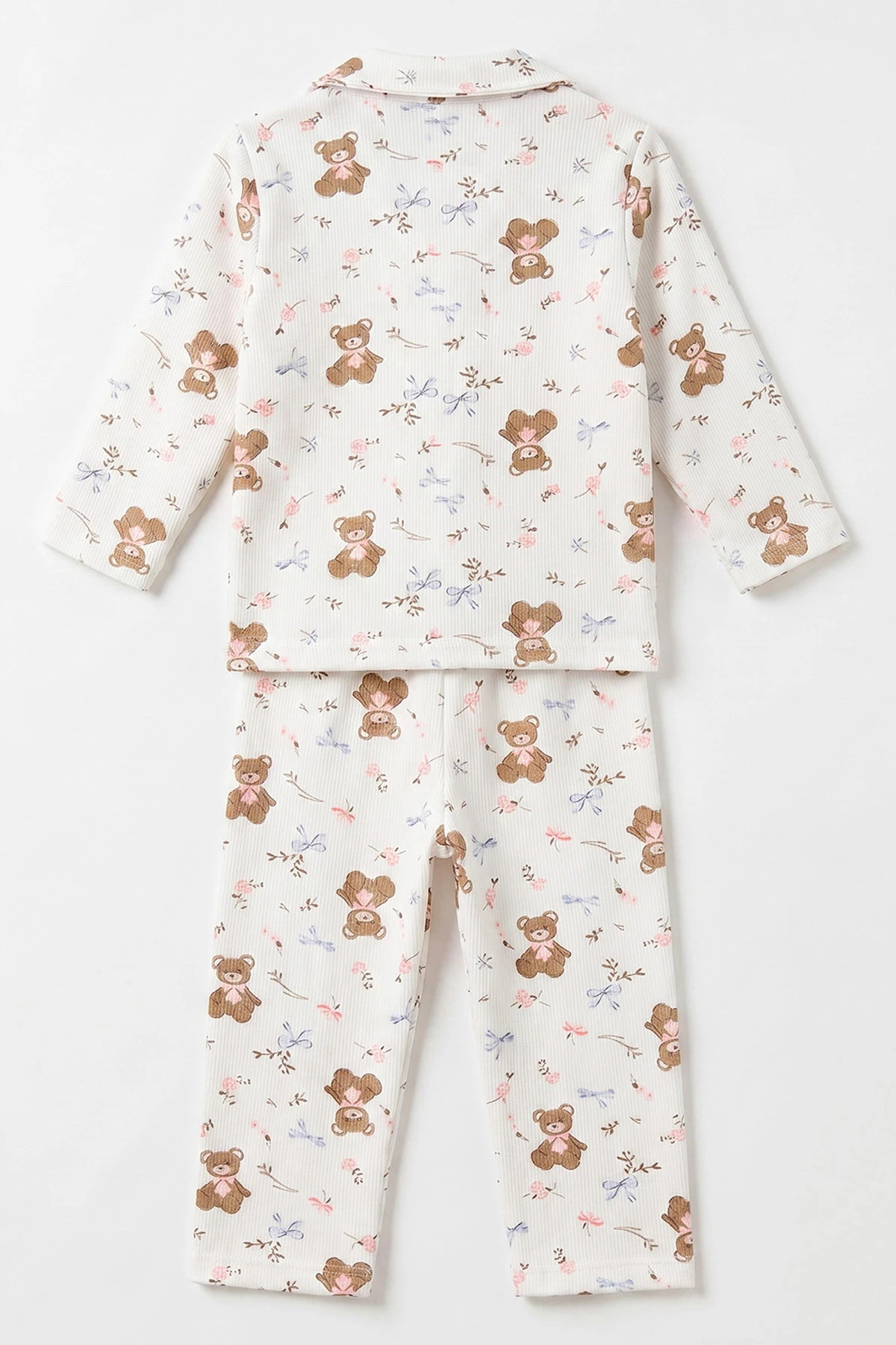 (2-6 Yaş) Ayıcık Desenli Önden Düğmeli Hafif Şardonlu Fitilli Kız Çocuk Pijama Takım 491172