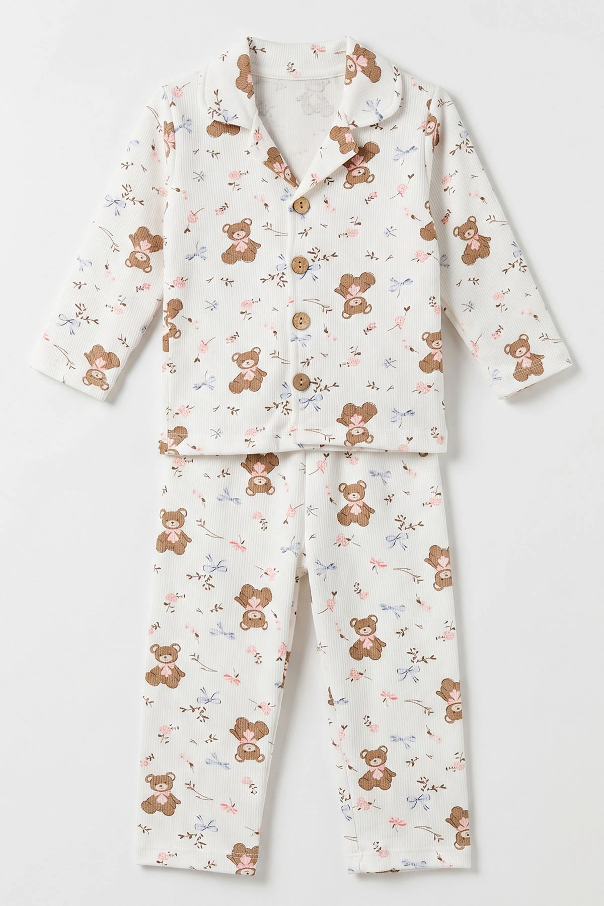 (2-6 Yaş) Ayıcık Desenli Önden Düğmeli Hafif Şardonlu Fitilli Kız Çocuk Pijama Takım 491172