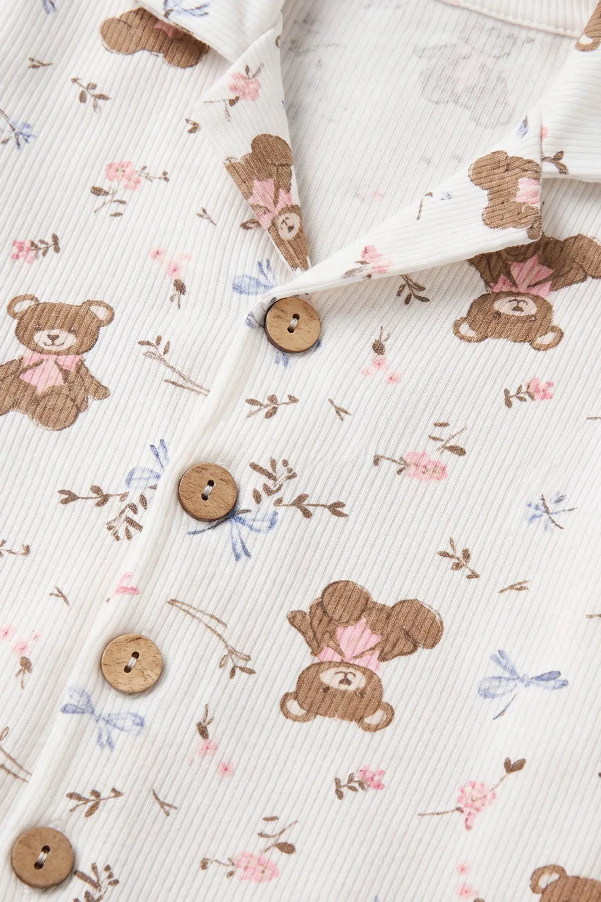 (2-6 Yaş) Ayıcık Desenli Önden Düğmeli Hafif Şardonlu Fitilli Kız Çocuk Pijama Takım 491172