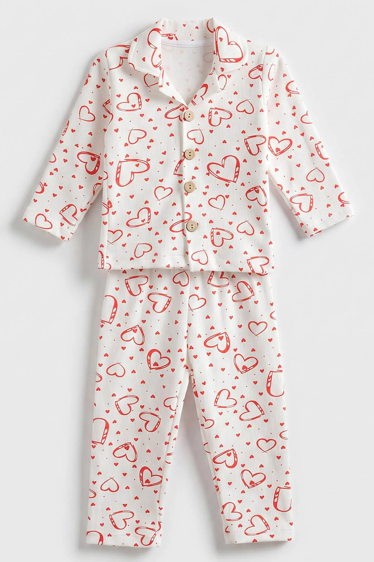 (2-6 Yaş) Kalp Desenli Önden Düğmeli Hafif Şardonlu Fitilli Kız Çocuk Pijama Takım 491169