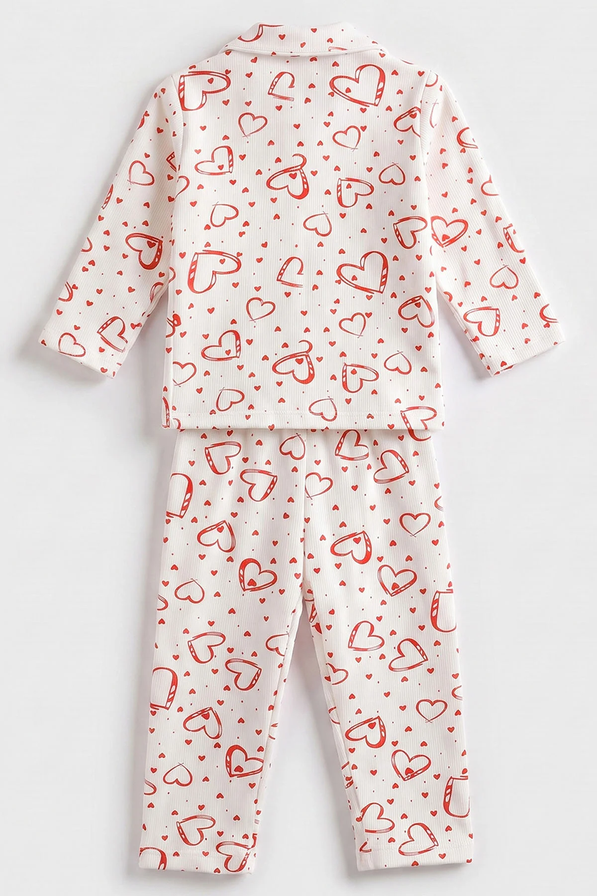 (2-6 Yaş) Kalp Desenli Önden Düğmeli Hafif Şardonlu Fitilli Kız Çocuk Pijama Takım 491169