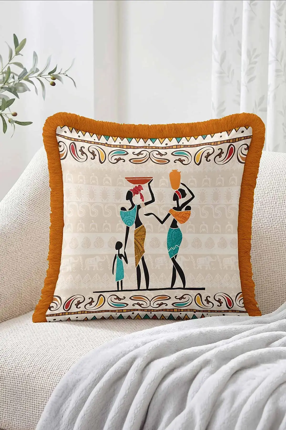 43x43 Cm Dijital Baskılı Fermuarlı Çift Taraflı Saçaklı Kırlent Kılıfı 483420