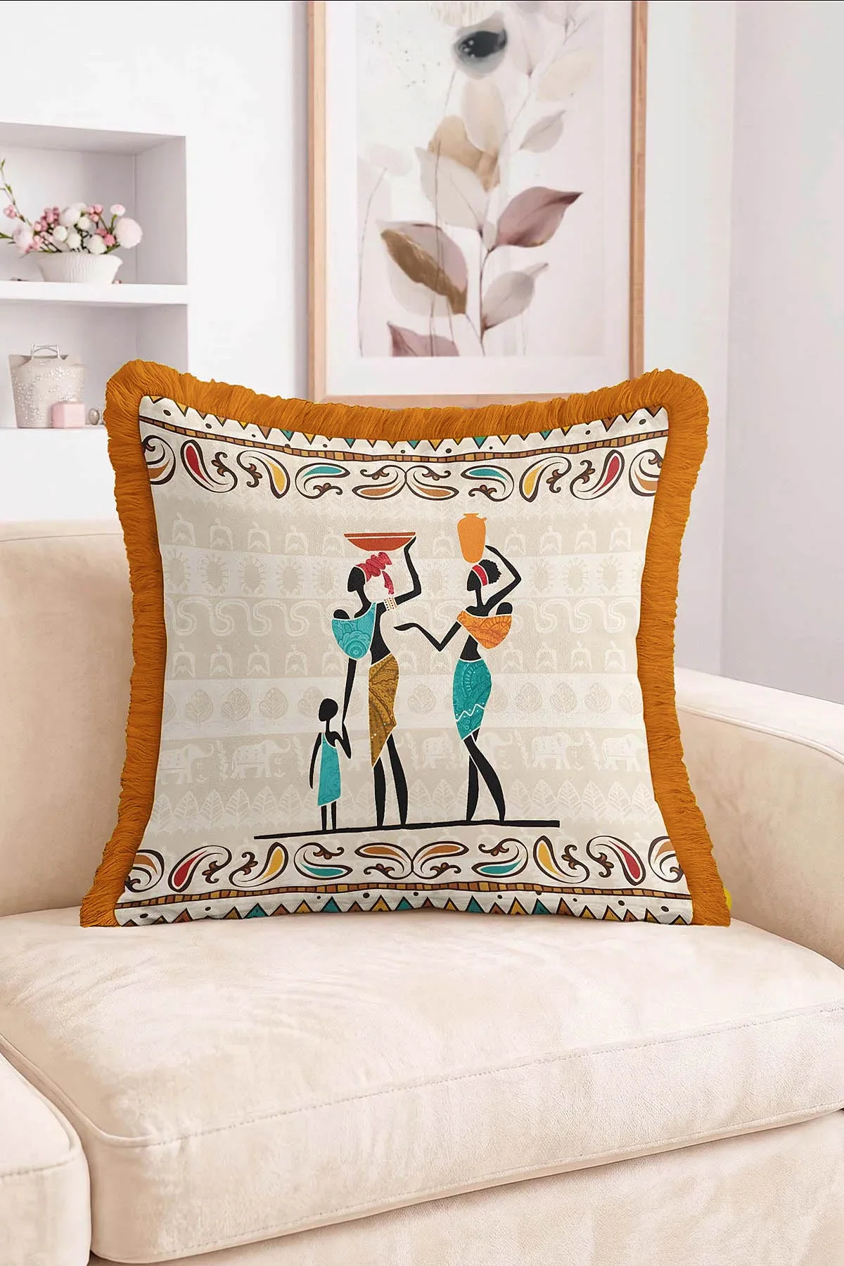 43x43 Cm Dijital Baskılı Fermuarlı Çift Taraflı Saçaklı Kırlent Kılıfı 483420