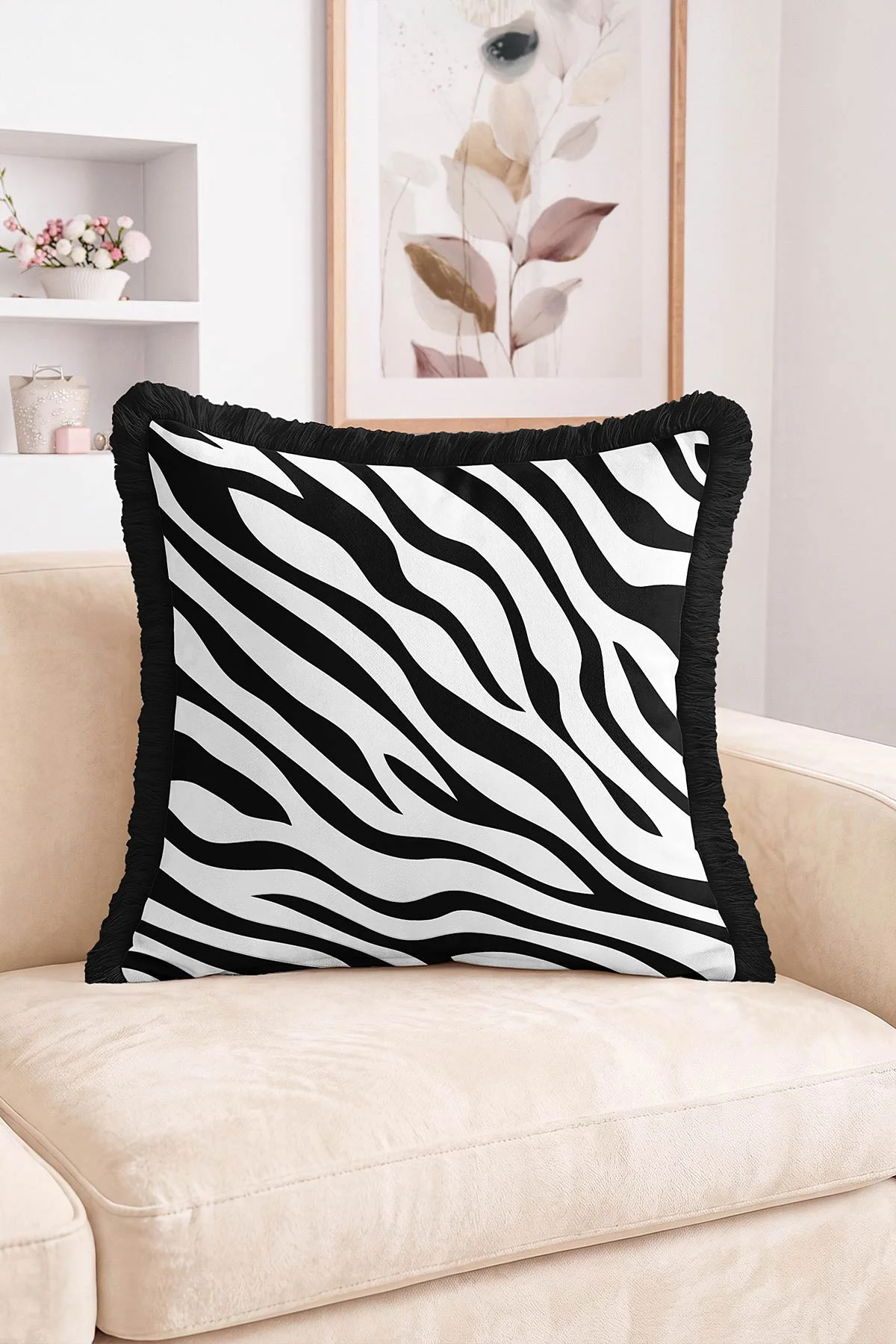 43x43 Cm Dijital Baskılı Fermuarlı Çift Taraflı Saçaklı Kırlent Kılıfı 483421