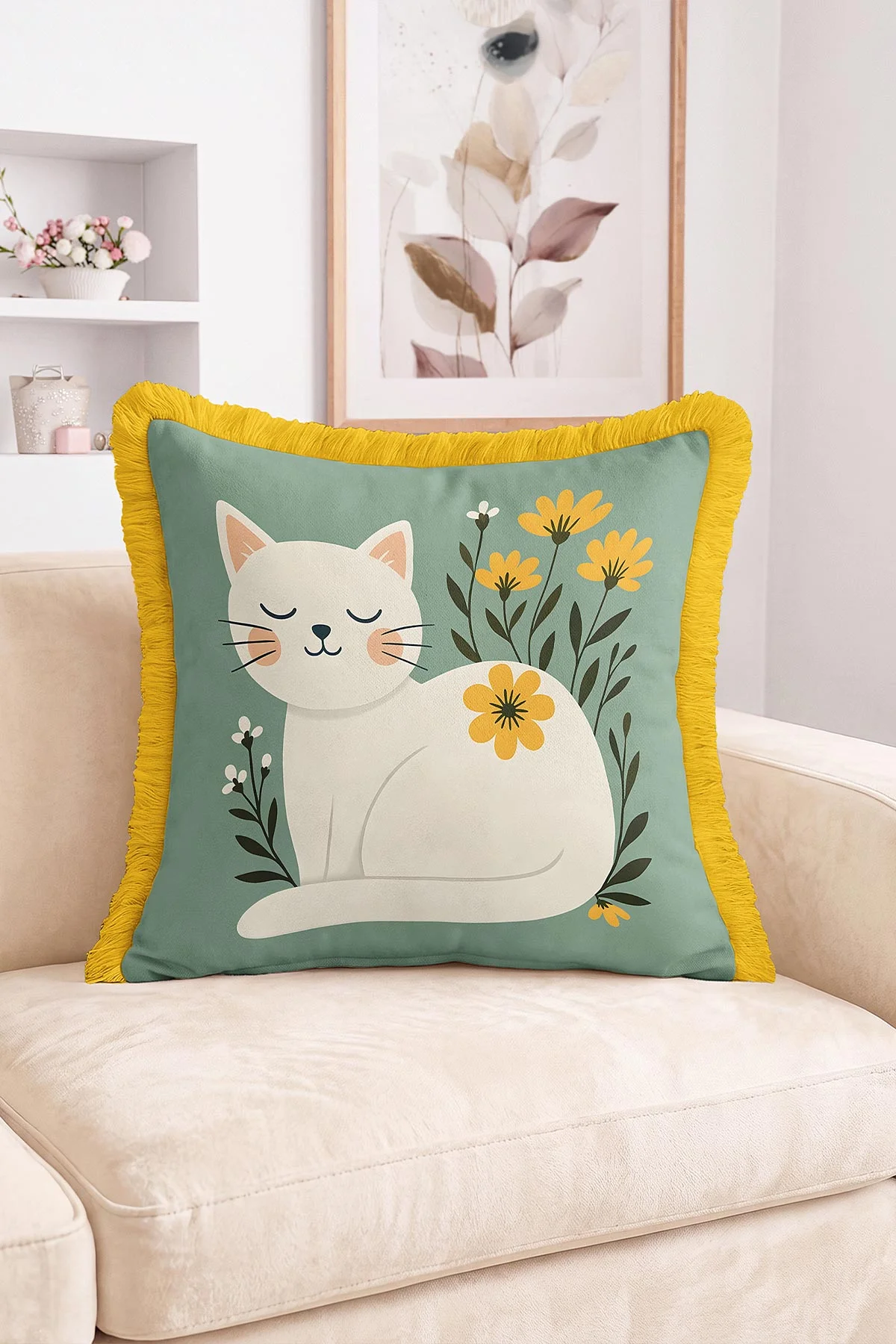 43x43 Cm Dijital Baskılı Fermuarlı Çift Taraflı Saçaklı Kırlent Kılıfı 483423