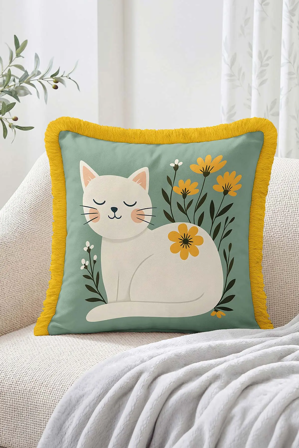 43x43 Cm Dijital Baskılı Fermuarlı Çift Taraflı Saçaklı Kırlent Kılıfı 483423