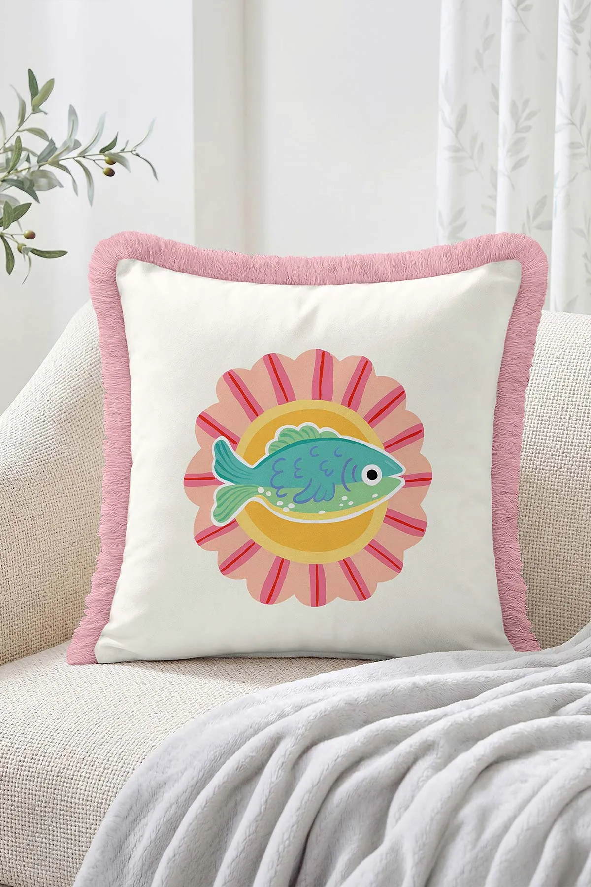 43x43 Cm Dijital Baskılı Fermuarlı Çift Taraflı Saçaklı Kırlent Kılıfı 483453