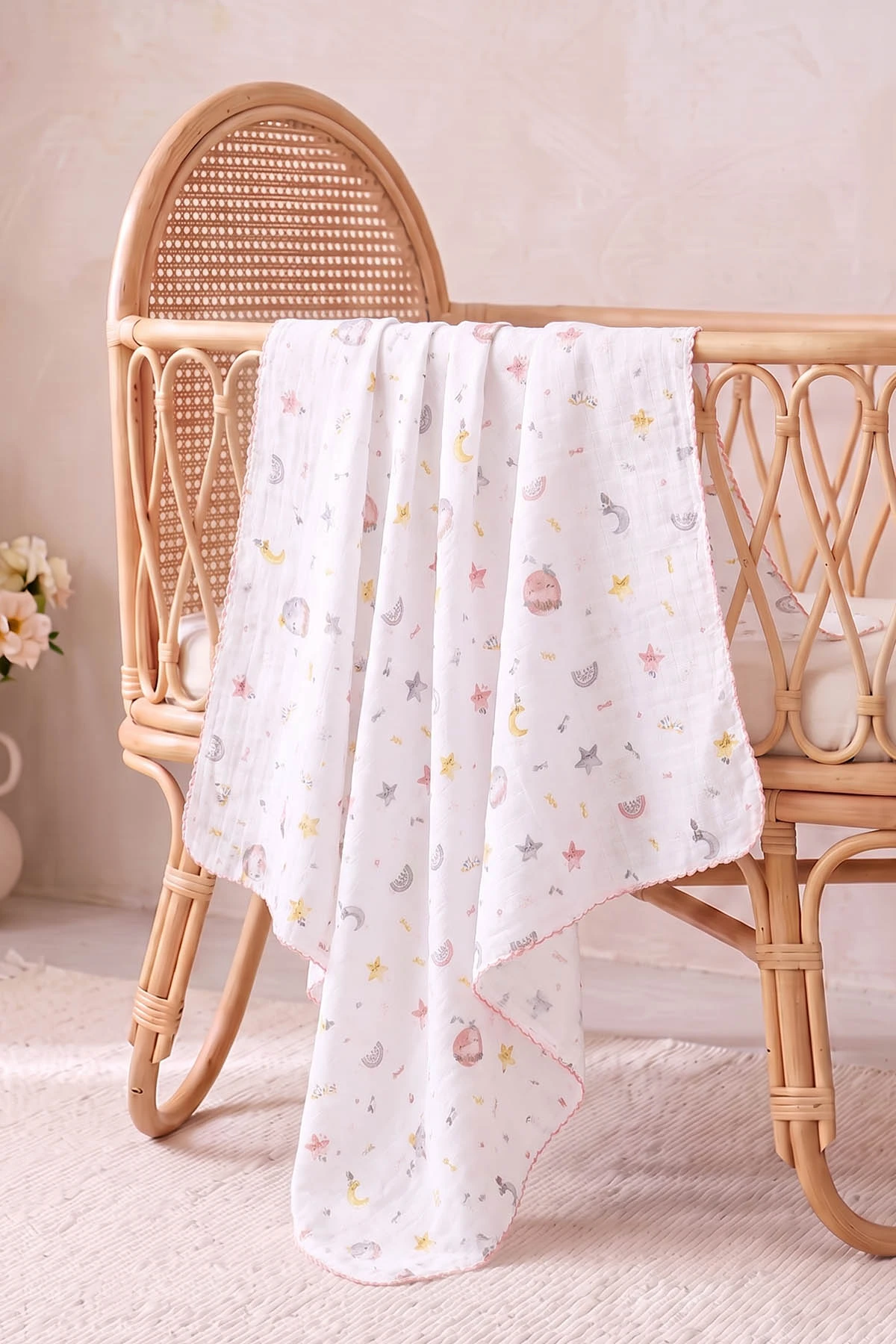 (80*90 cm) Kenarı Oyalı Tek Kat Karışık Desen Müslin Bebek Battaniye 488498