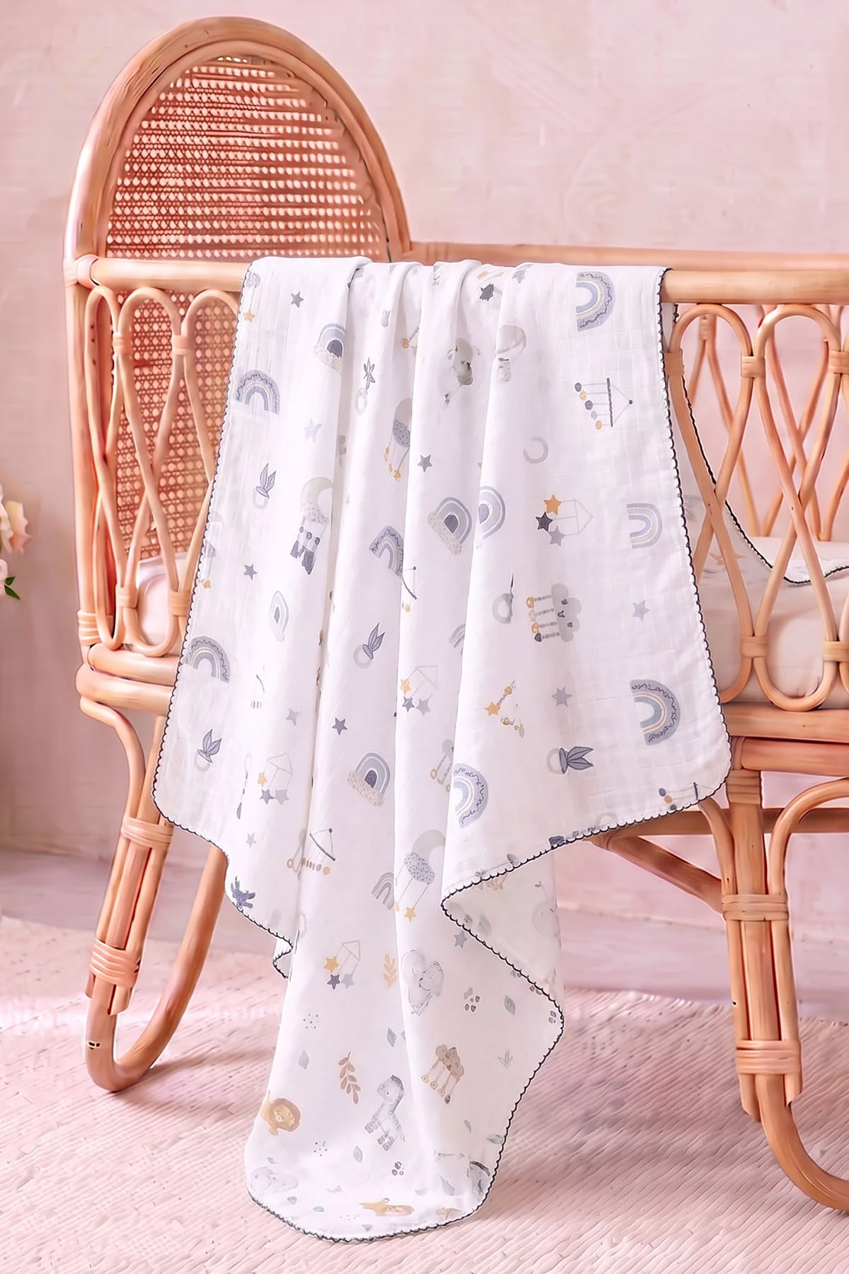 (80*90 cm) Kenarı Oyalı Tek Kat Karışık Desen Müslin Bebek Battaniye 488501