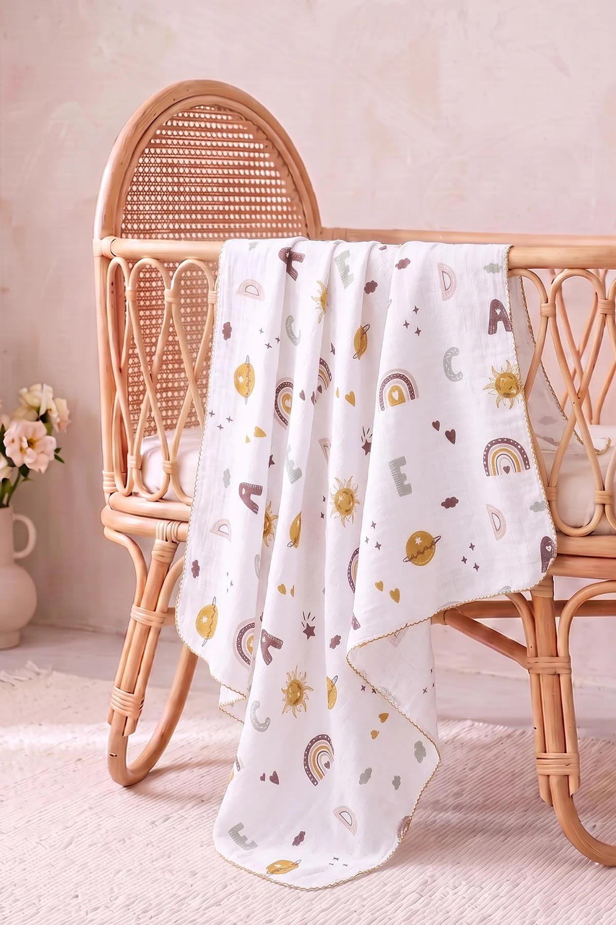 (80*90 cm) Kenarı Oyalı Tek Kat Karışık Desen Müslin Bebek Battaniye 488513