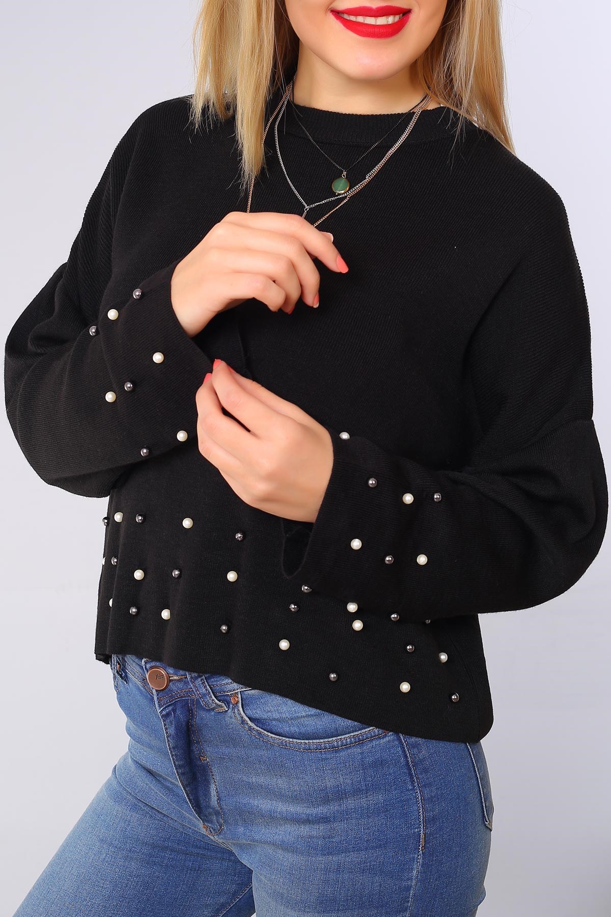 Bisiklet Yaka İnci Desen Kazak 4277B