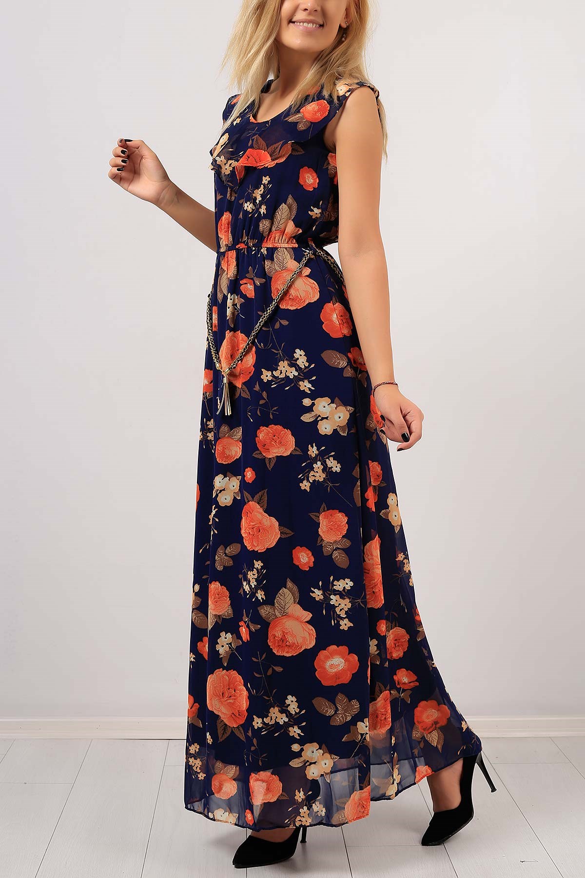Çiçek Desen Kemerli Bayan  Elbise 8069B