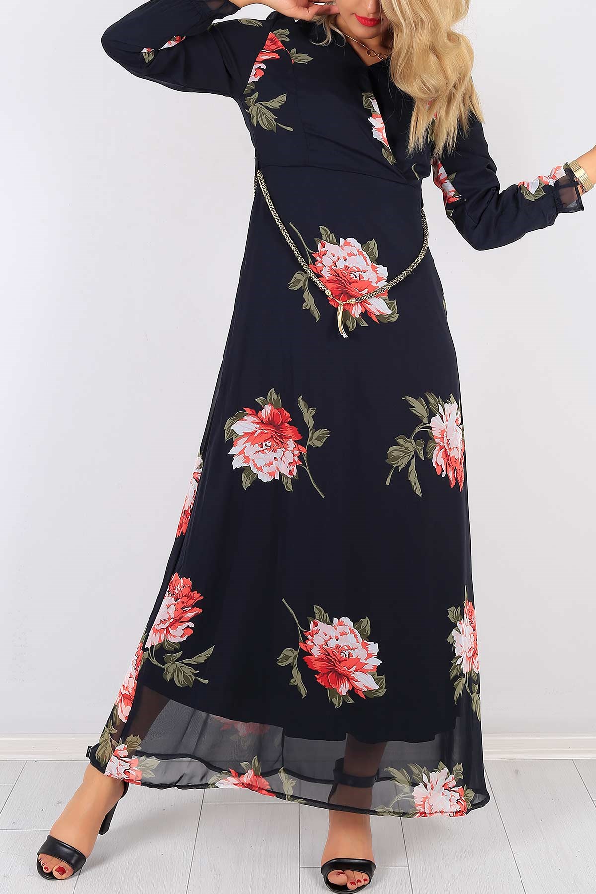 Çiçek Desen Kemerli Bayan Elbise 5369B