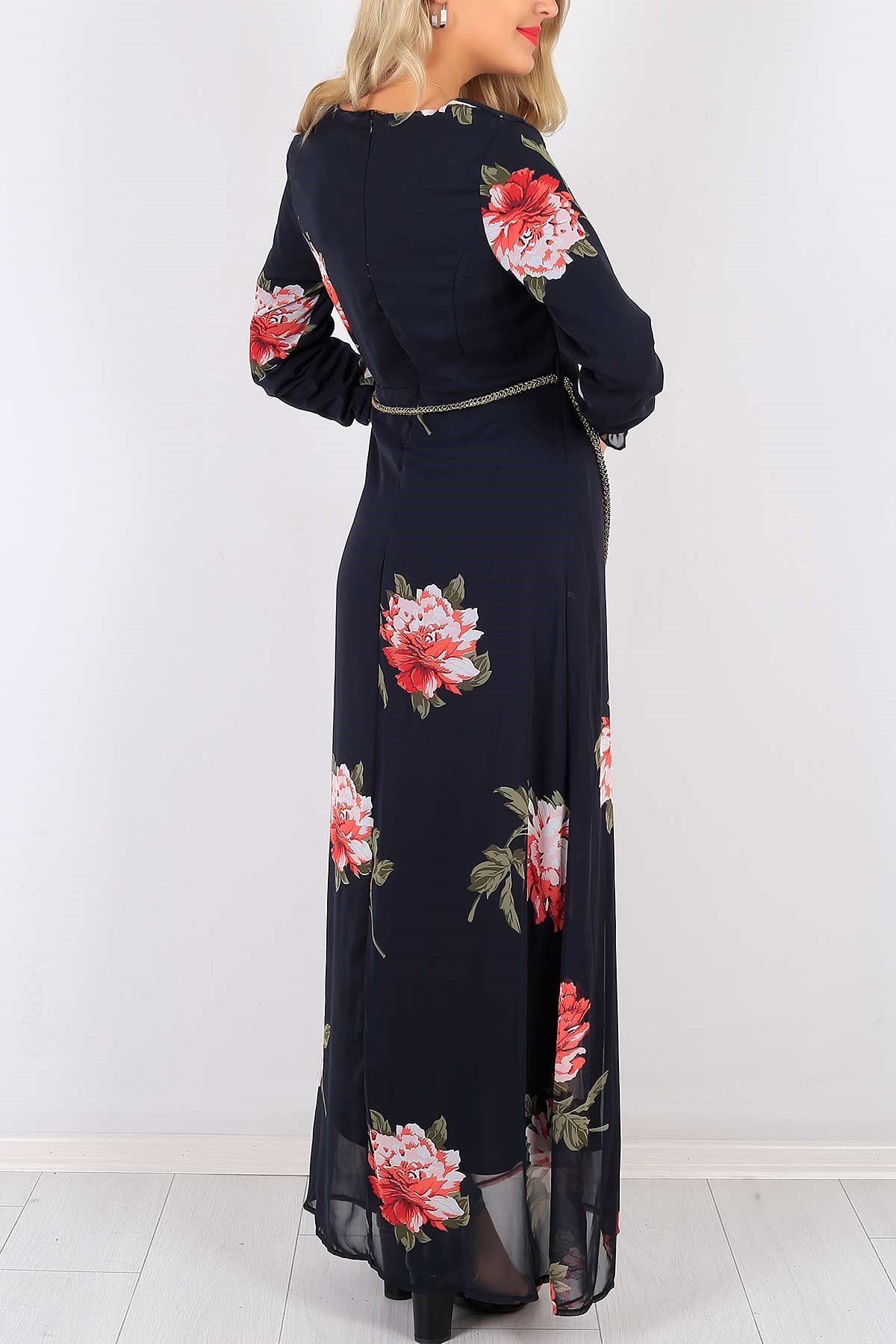 Çiçek Desen Kemerli Bayan Elbise 5369B