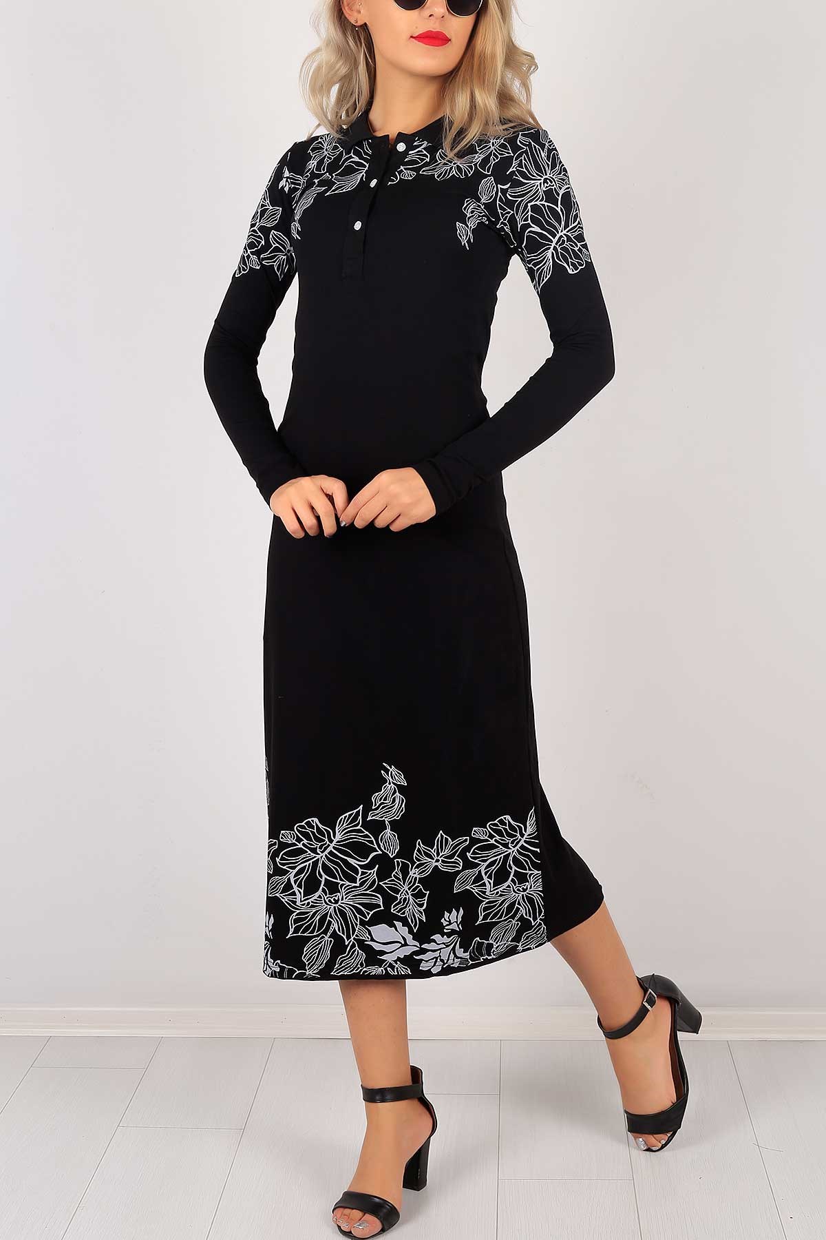 Çiçek Desenli Siyah Bayan Elbise 5901B