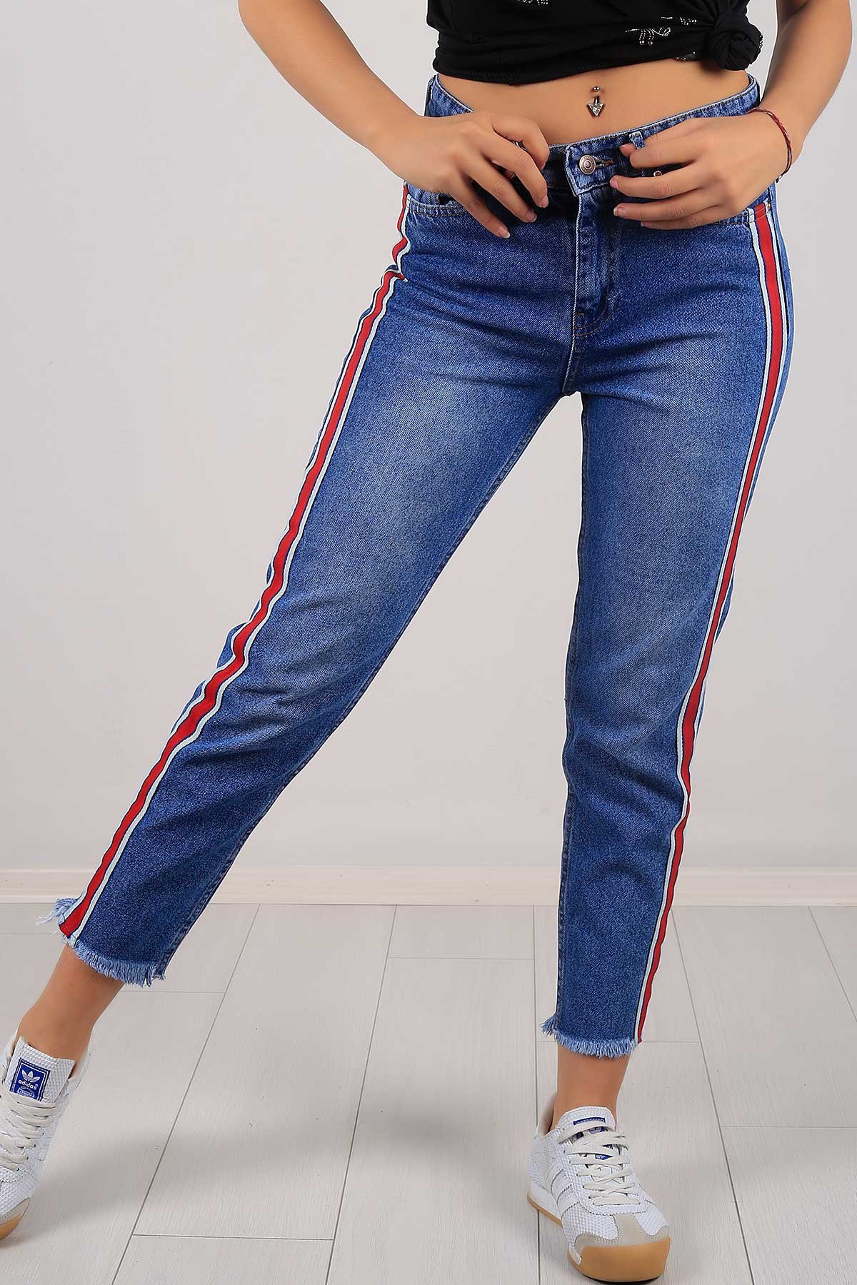 Çizgi Desen Mom Bayan Kot Pantolon 6488B