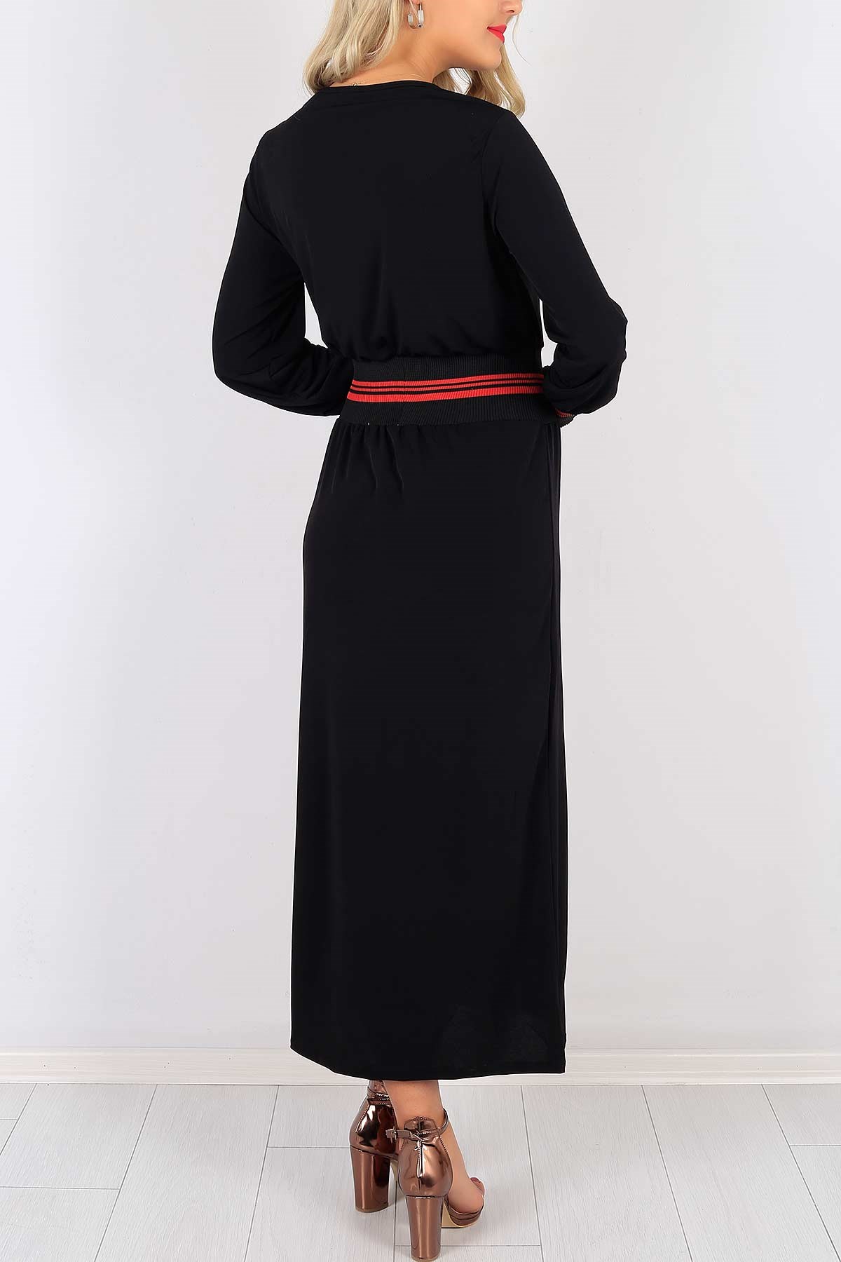 Çizgi Desenli Siyah Bayan Elbise 5366B