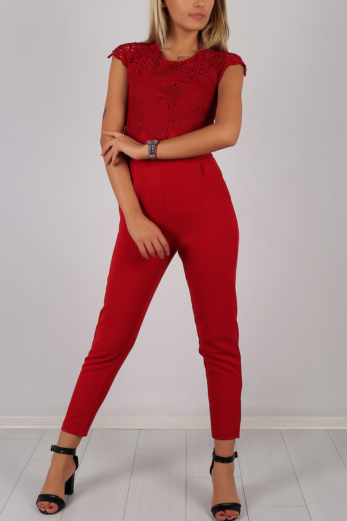 Dantel Detaylı Bordo Bayan Tulum 5565B