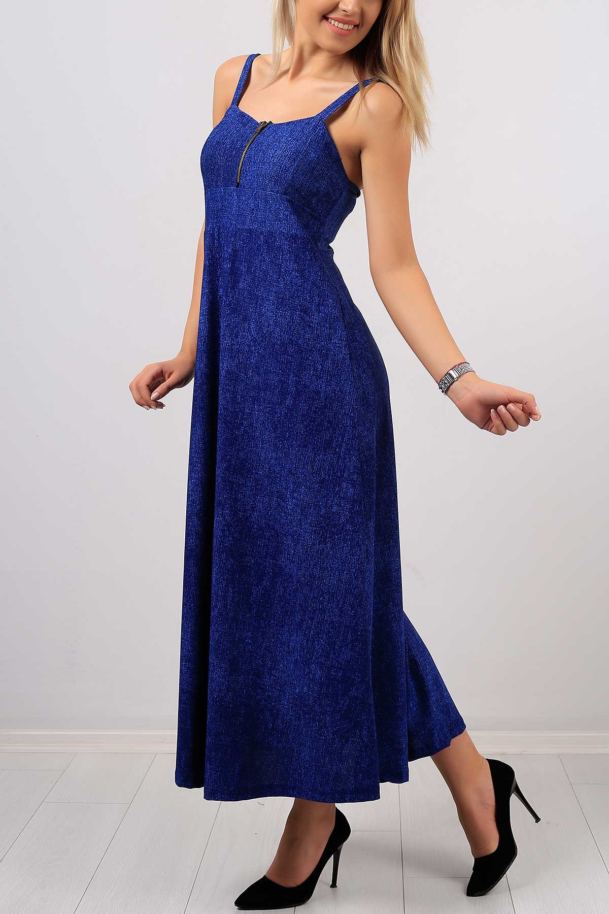Fermuar Detay Askılı Mavi Bayan Elbise 7766B