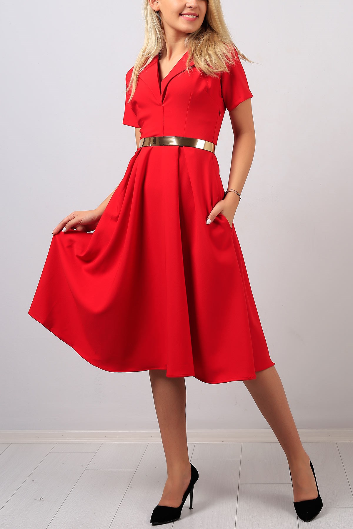 Kemer Detaylı Kırmızı Bayan Elbise 7703B