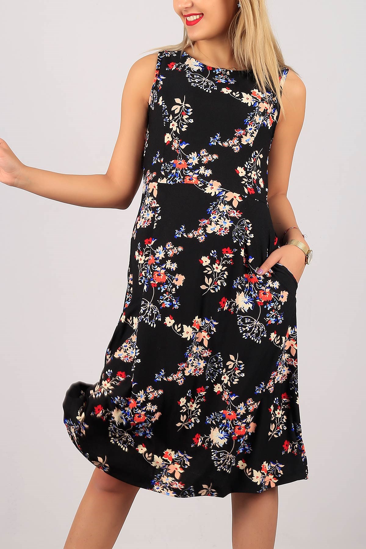 Sıfır Kol Çiçek Desen Bayan Elbise 6259B