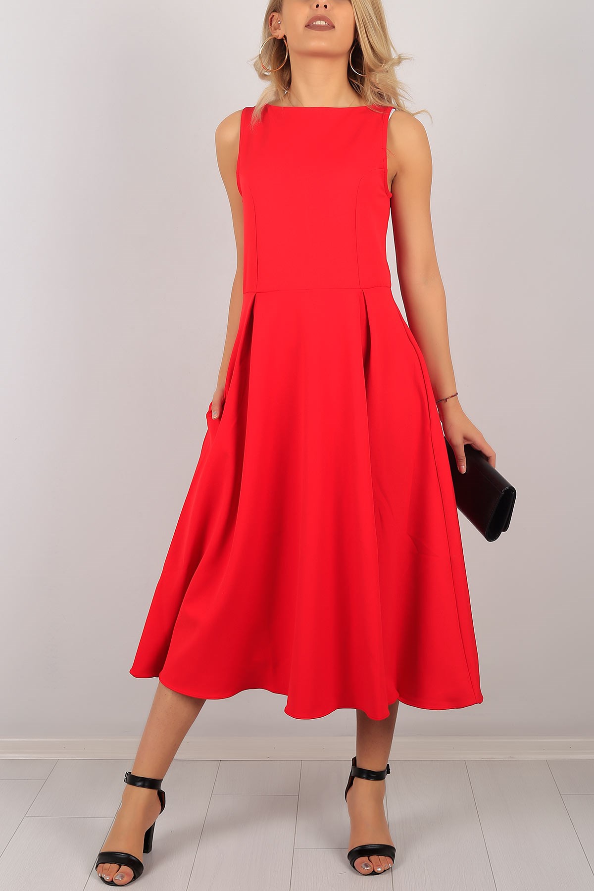 Sıfır Kol Kırmızı Bayan Elbise 6541B