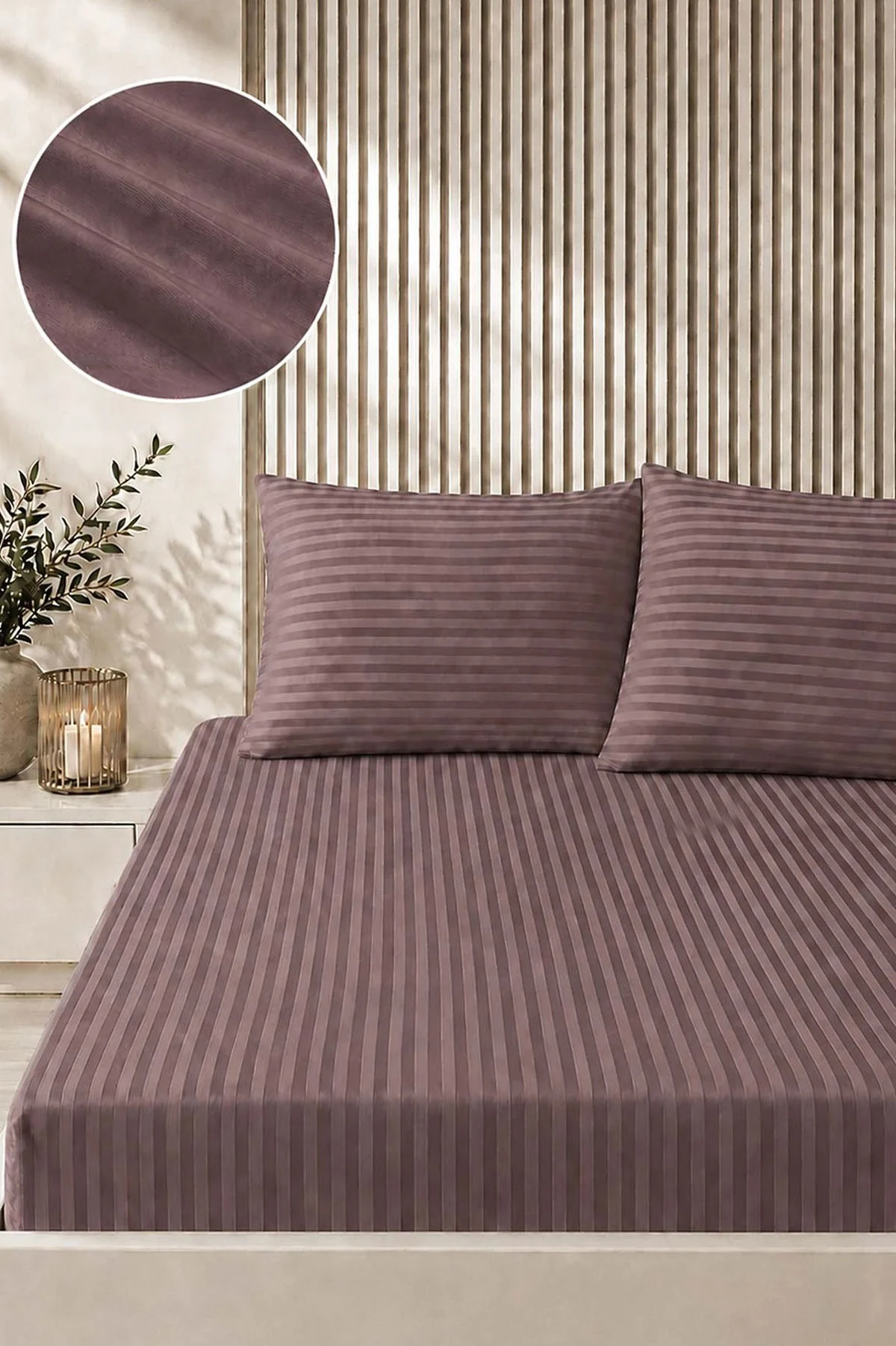 Acı Kahve Bella Home 160x200 Cm Çift Kişilik Çizgili Saten Çarşaf Seti 483027