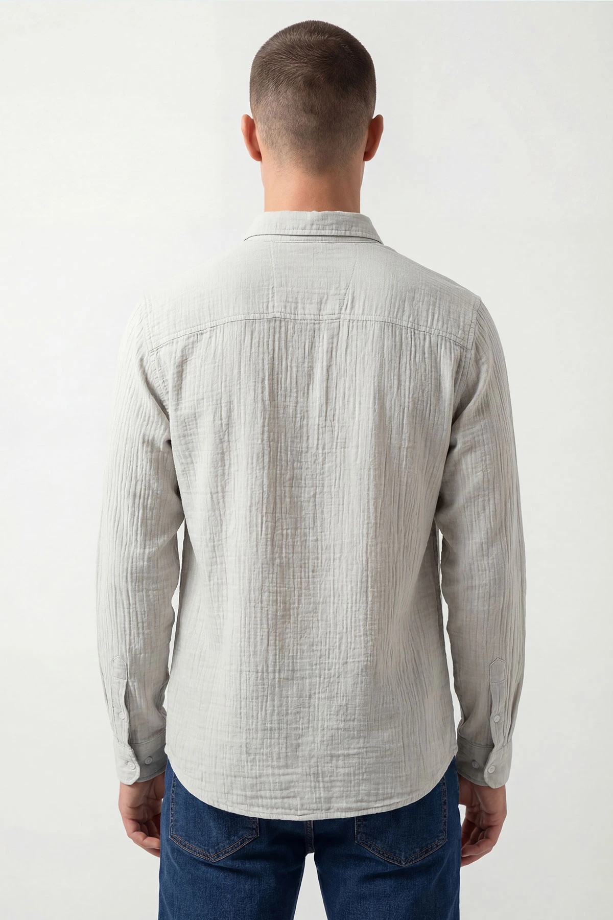 Açık Gri Relaxed Fit Müslin Keten Ata Yaka Erkek Gömlek 435762