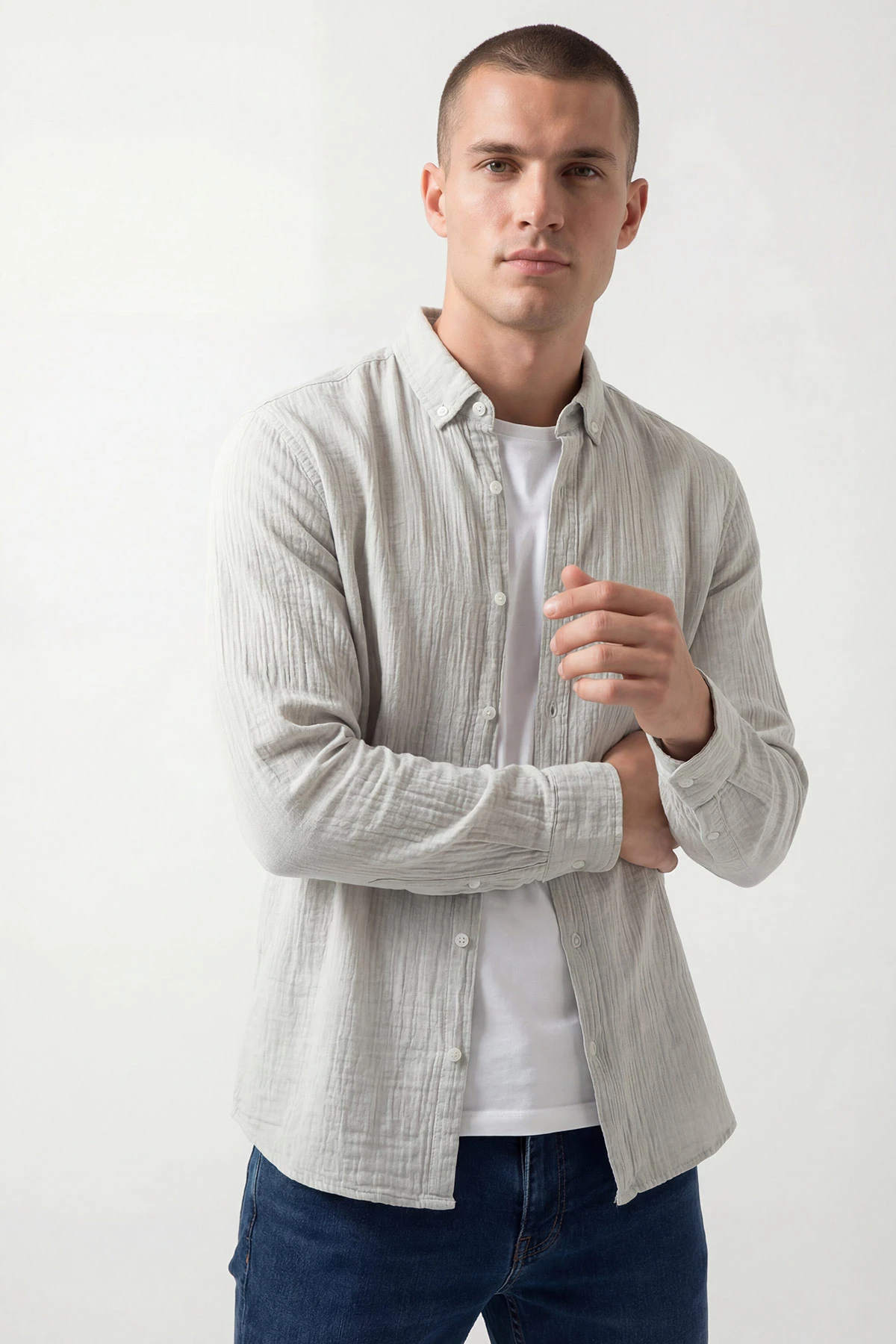 Açık Gri Relaxed Fit Müslin Keten Ata Yaka Erkek Gömlek 435762
