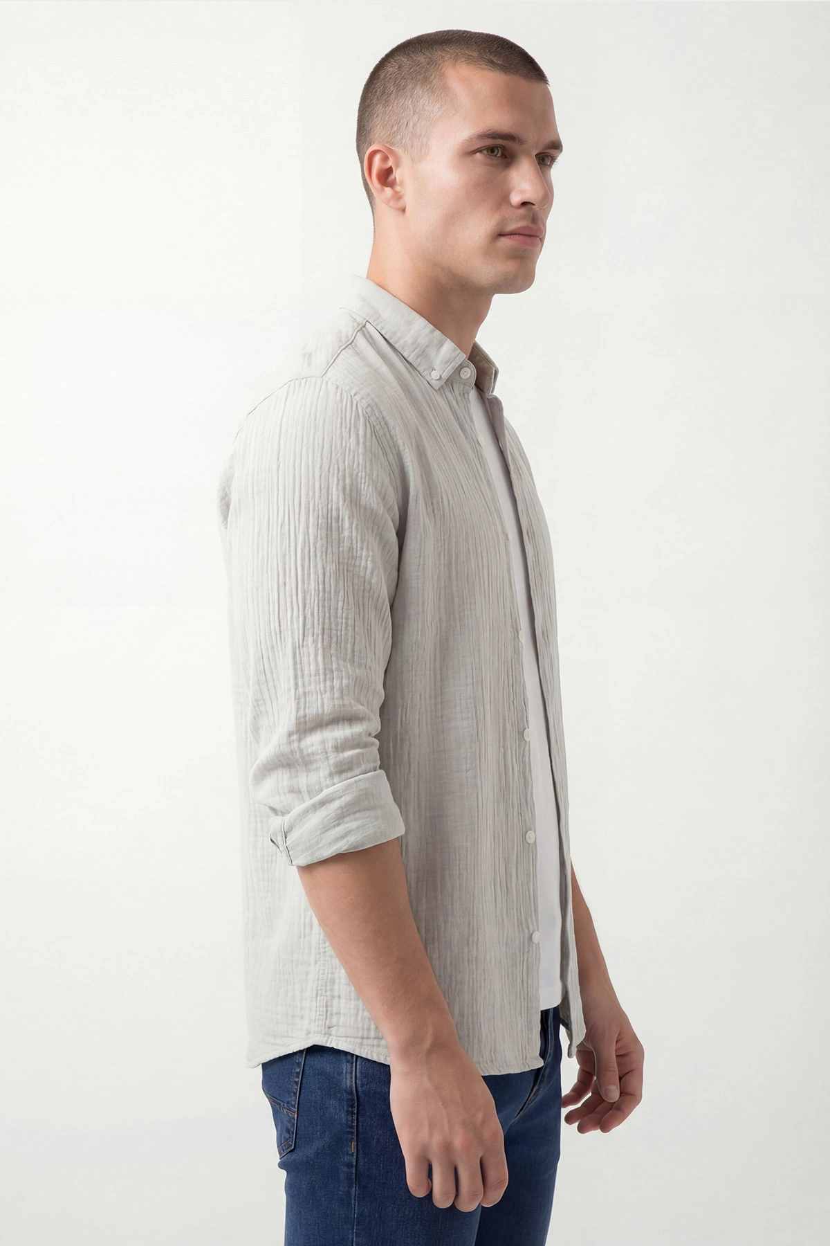 Açık Gri Relaxed Fit Müslin Keten Ata Yaka Erkek Gömlek 435762