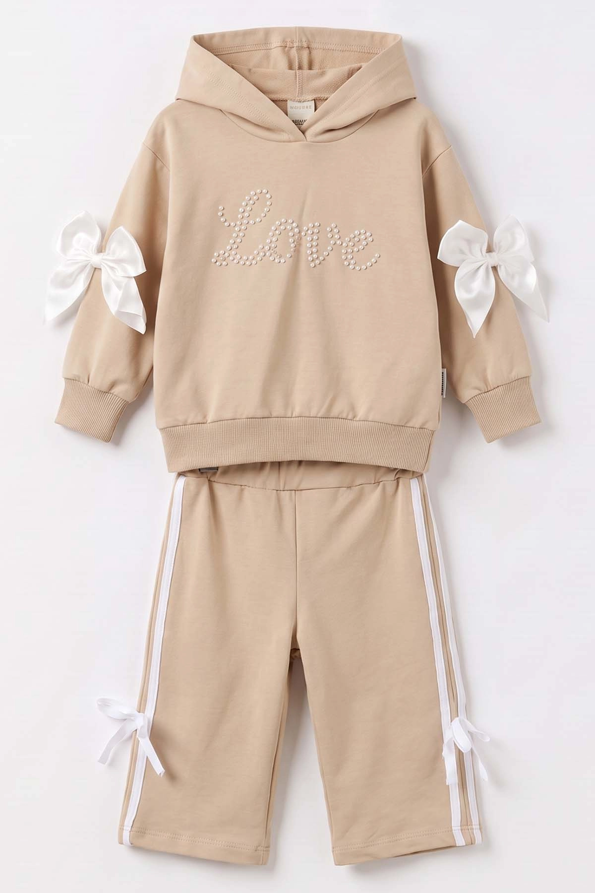 Açık Kahve (1-4 Yaş) Love İnci Baskılı Kapüşonlu Sweatli  2 İp Kız Çocuk&Bebek 2'li Takım 495254