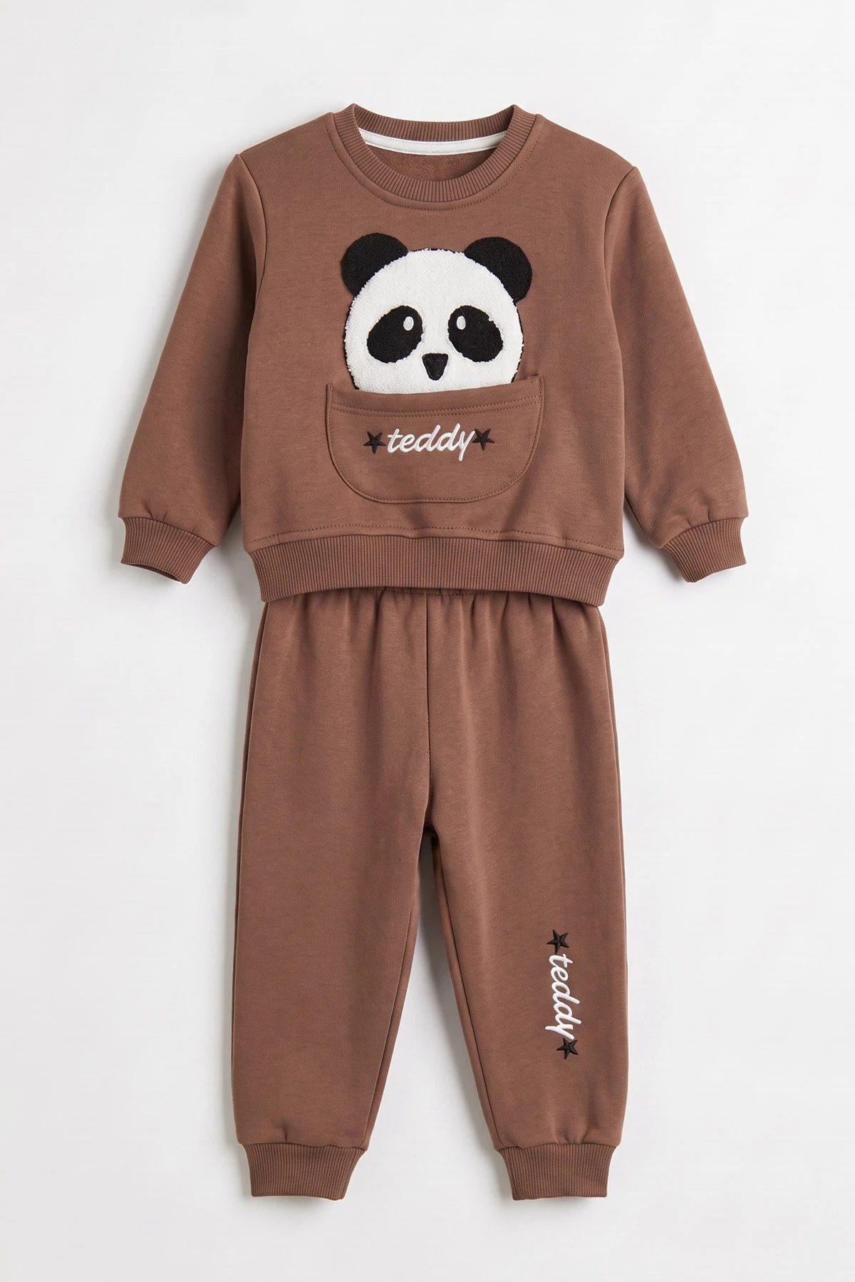 Açık Kahve (1-5 Yaş) Panda Nakışlı Cep Detay 3 İp Şardonlu Erkek Çocuk Kışlık Takım 486832