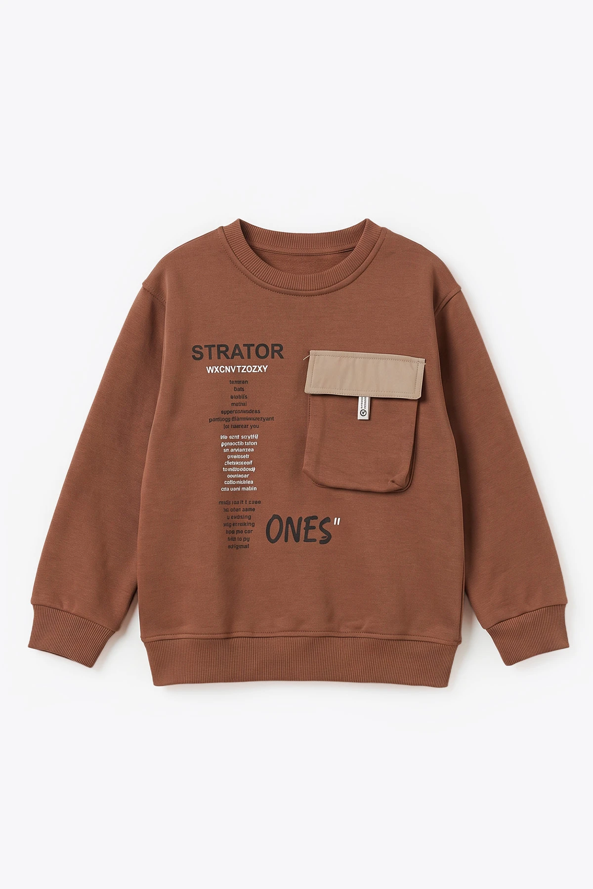 Açık Kahve (2-12 Yaş) Baskılı Cep Detaylı 3 İp Şardonlu Erkek Çocuk Sweatshirt 499654