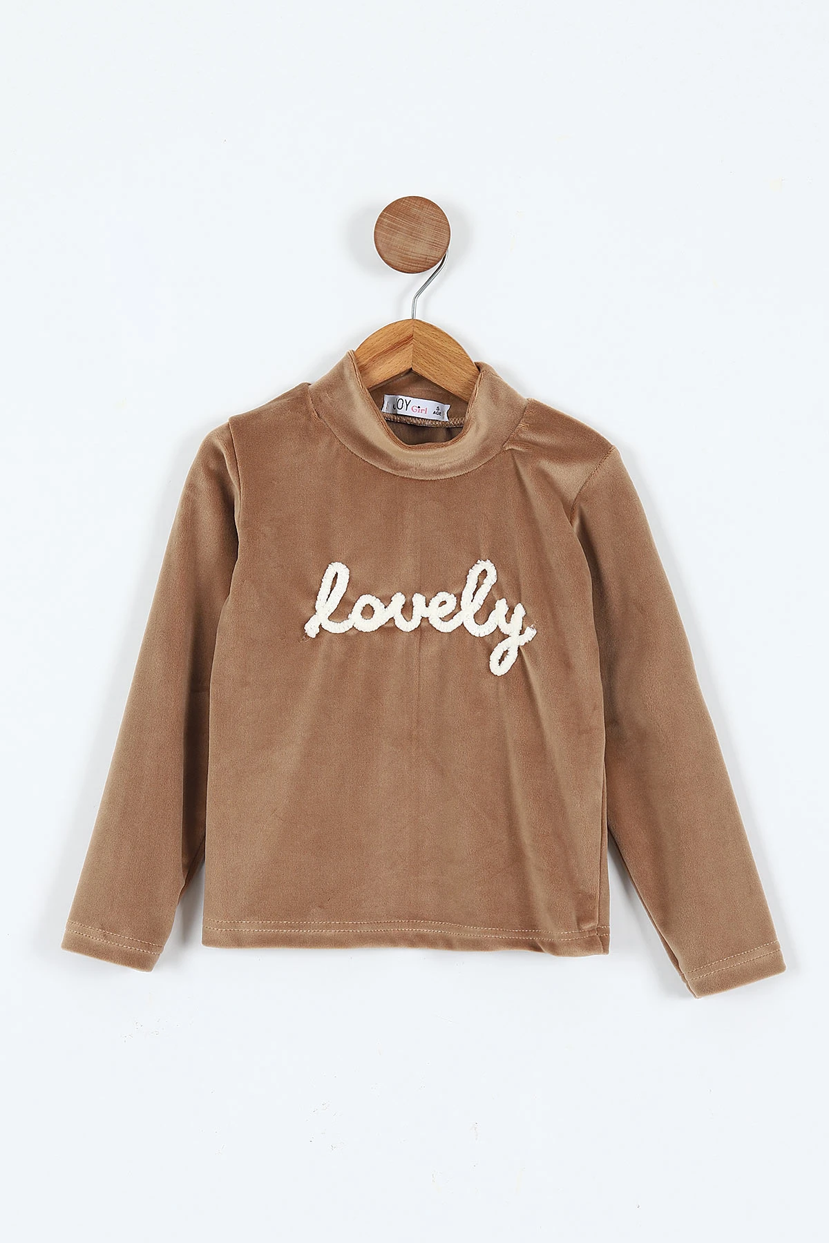 Açık Kahve (5-12 Yaş) Lovely Nakışlı Yarım Balıkçı Yaka Kadife Kız Çocuk Sweat 410596