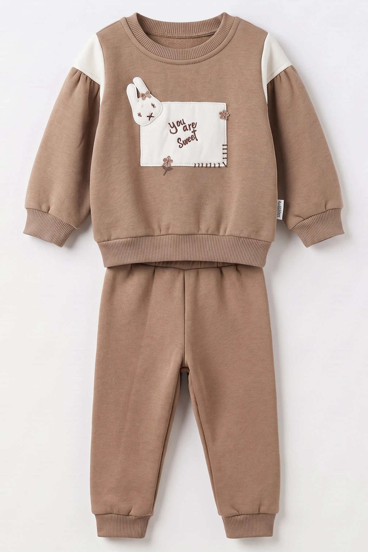 Açık Kahve (6-24 Ay) Tavşan Nakışlı İçi Şardonlu Kız Bebek Takım 493315