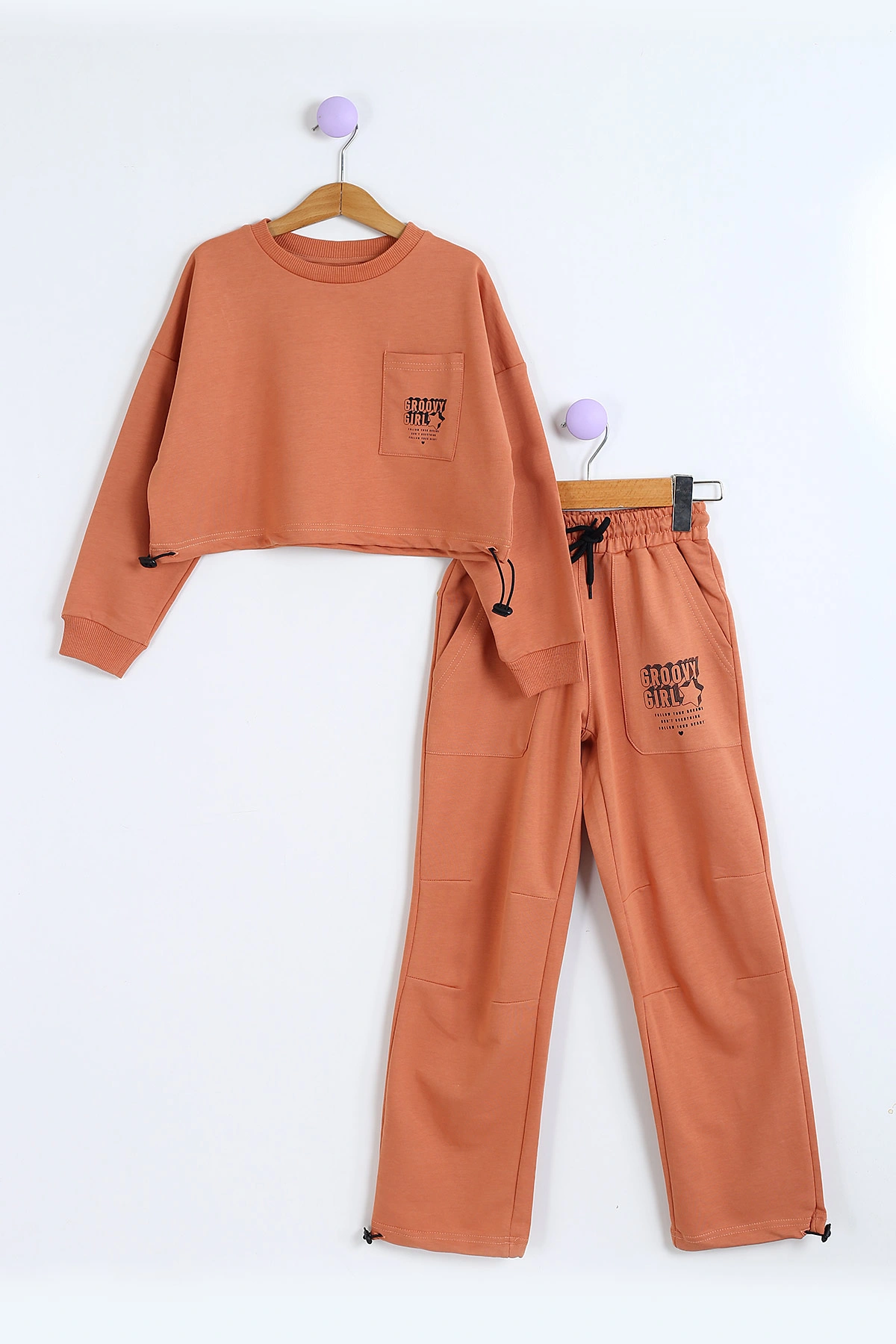 Açık Kahve (8-12 Yaş) Belden Sıkmalı Oversize Model Ön Cepli Kız Çocuk Takım 302941