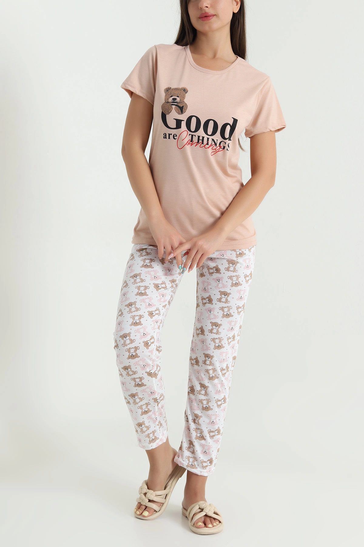 Açık Kahve Desenli Viskon Kadın Pijama Takımı 466613