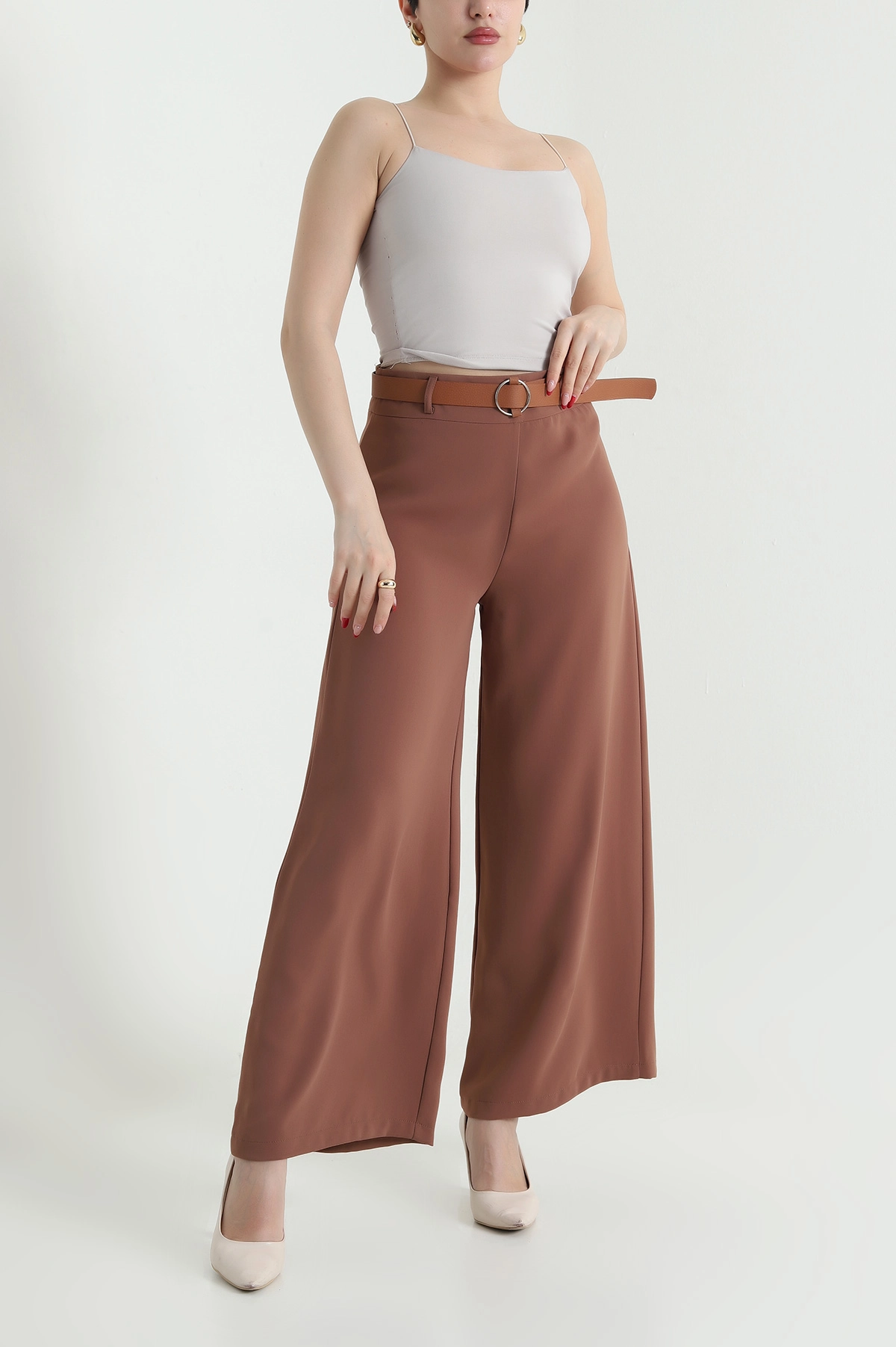 Açık Kahve Fermuarlı Tencel Crep Kadın Pantolon 440759