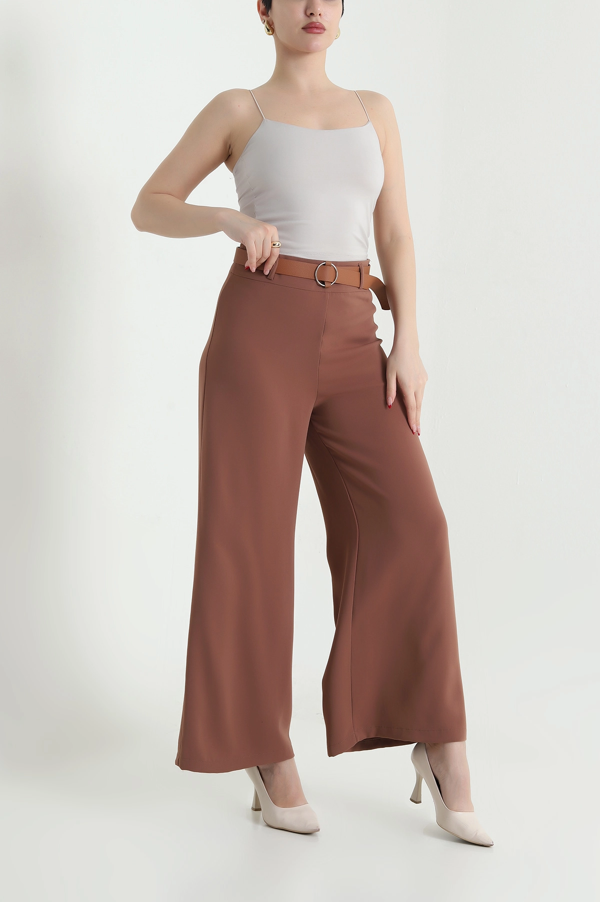 Açık Kahve Fermuarlı Tencel Crep Kadın Pantolon 440759