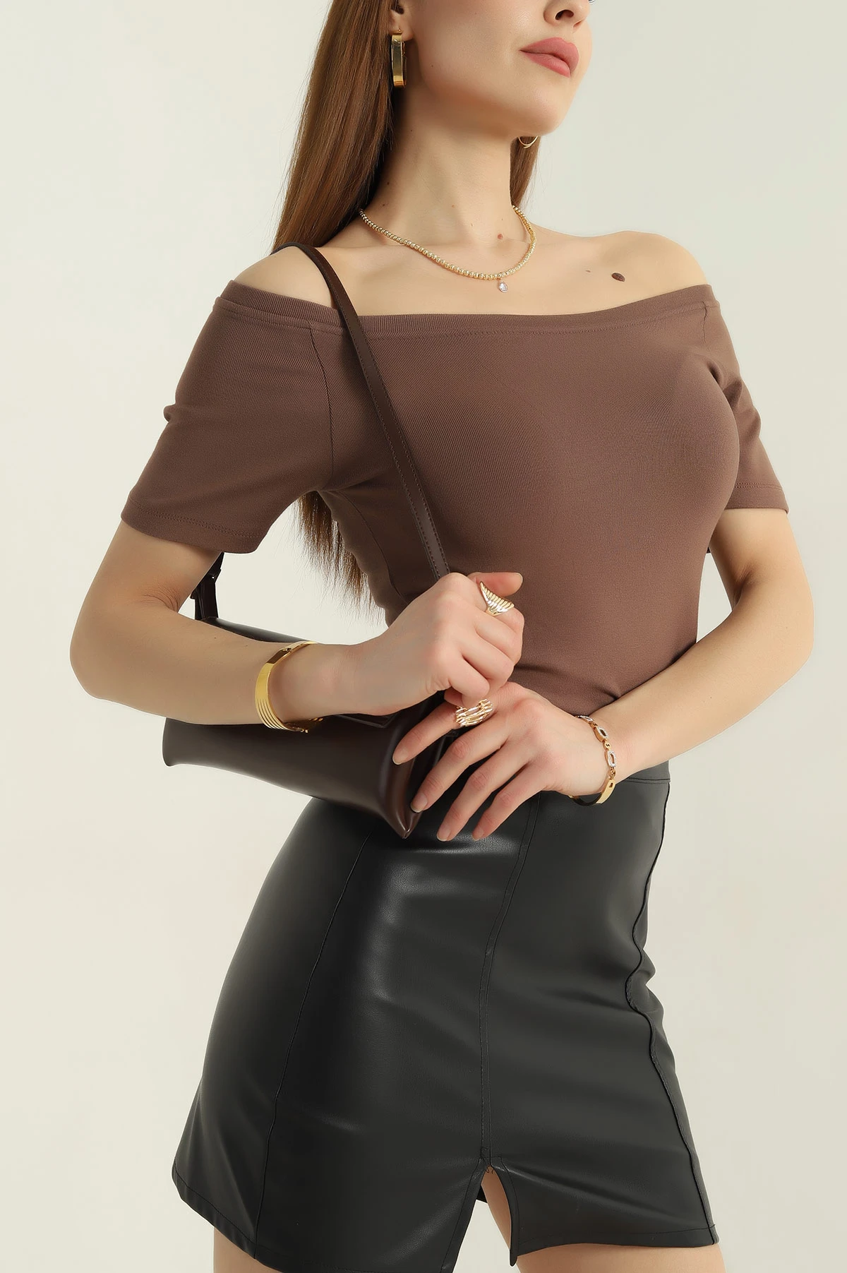 Açık Kahve Kayık Yaka Ribana Kadın Bluz 352054