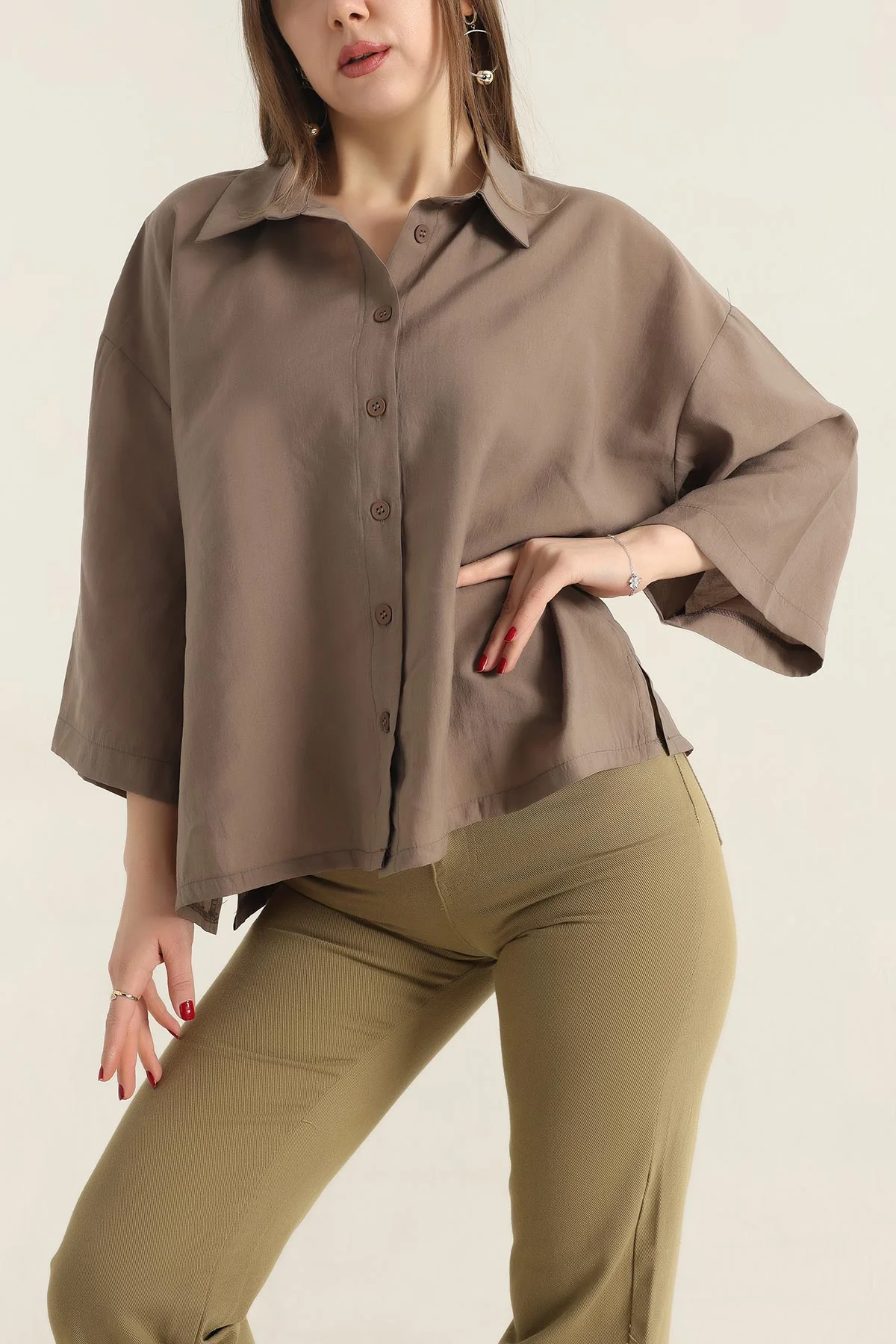 Açık Kahve Kısa Kol Tencel Oversize Bayan Gömlek 337584
